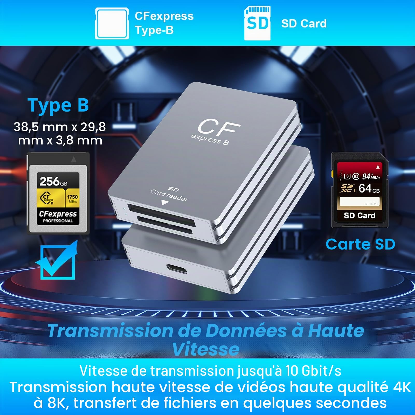 Rocketek Lecteur de Carte CFexpress Type B et Lecteur de Carte SD, Lecteur de Carte CFexpress USB 3.2 Gen 2 10 Gbit/s, Lecteur de Carte CF Express avec câble USB C vers USB A/C Compatible avec Window