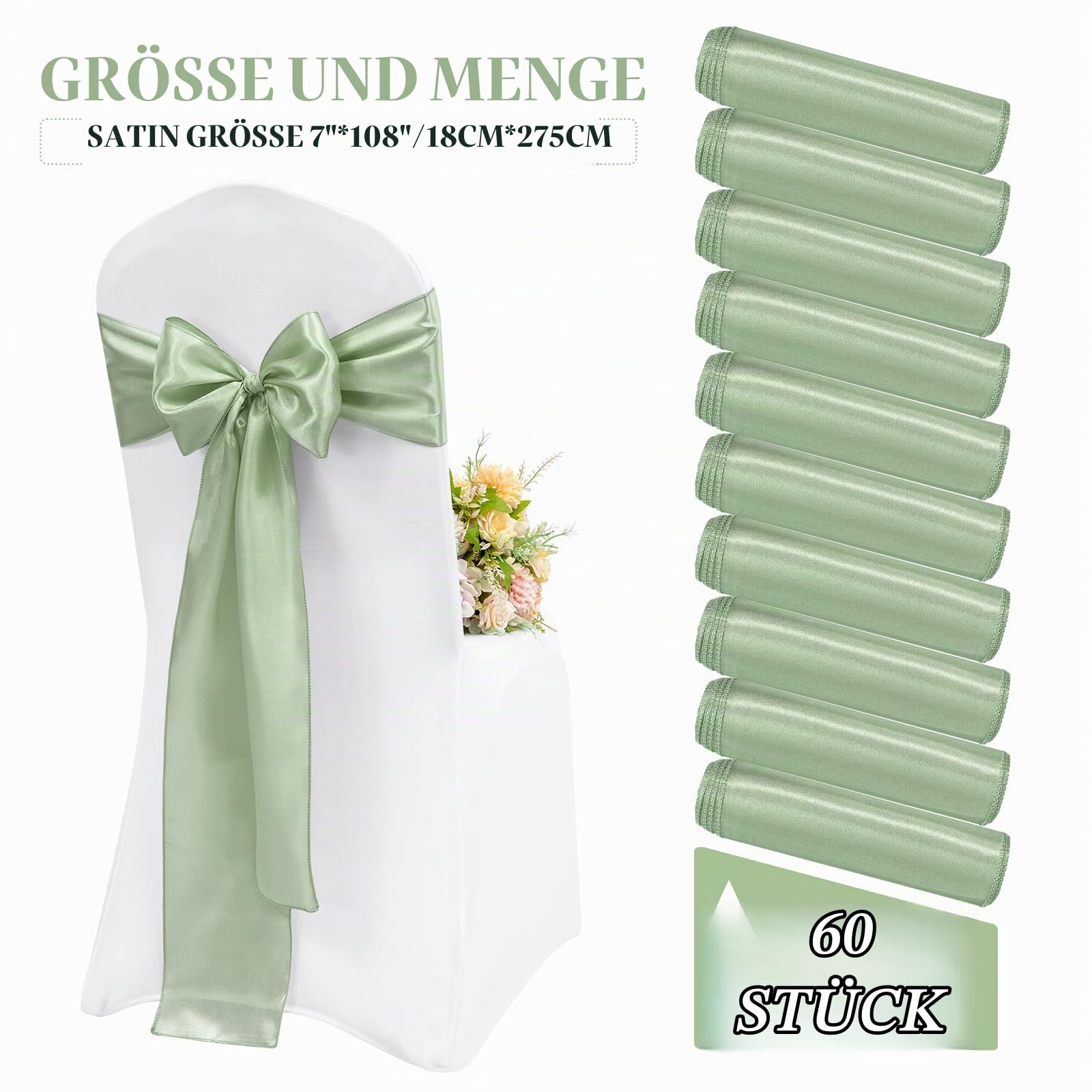 Satin-Stuhlschärpen, Salbeigrün, Stuhlschärpen, Stuhlschärpen, dekorativ für Hochzeit, Empfang, Party, Hotel, Zuhause, Küche, Dekoration, Salbeigrün, 60 Stück
