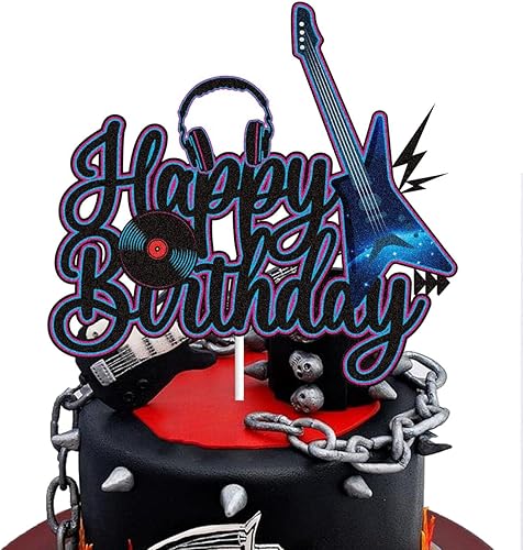 Decoración de guitarra eléctrica para pastel de cumpleaños negro y morado con purpurina de rock and roll, notas musicales musicales, tema de