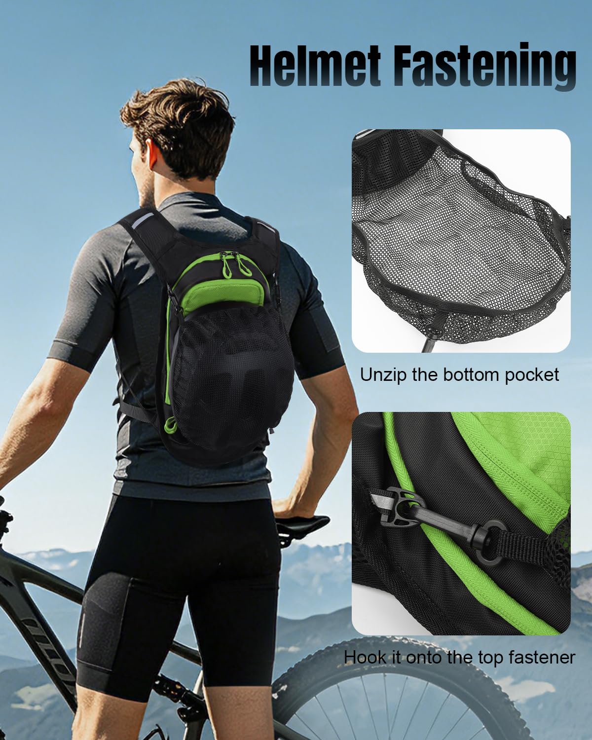 Zaino da bicicletta leggero da 10 l, con rete per casco, per uomo e