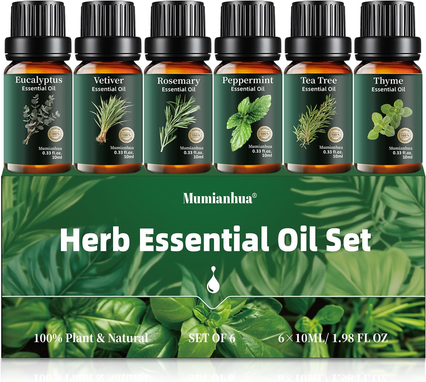 Herbal Essential Oils Set Pure Mumianhua Top 6 Aromatherapy Oils Gift: Eucalyptus, Peppermint, Tea Tree, Thyme, Rosemary, Vetiver – Natural for Diffuser, Humidifier, Candle & Soap Making 6x10ml