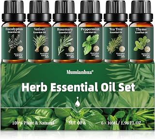 Herbal Essential Oils Set Pure, Mumianhua Natural Zestful Breeze Aromatherapy Gift Kit: Eucalyptus, Peppermint, Tea Tree, Thyme, Rosemary, Vetiver for Diffuser, Humidifier, Candle& Soap Making 6x10ml