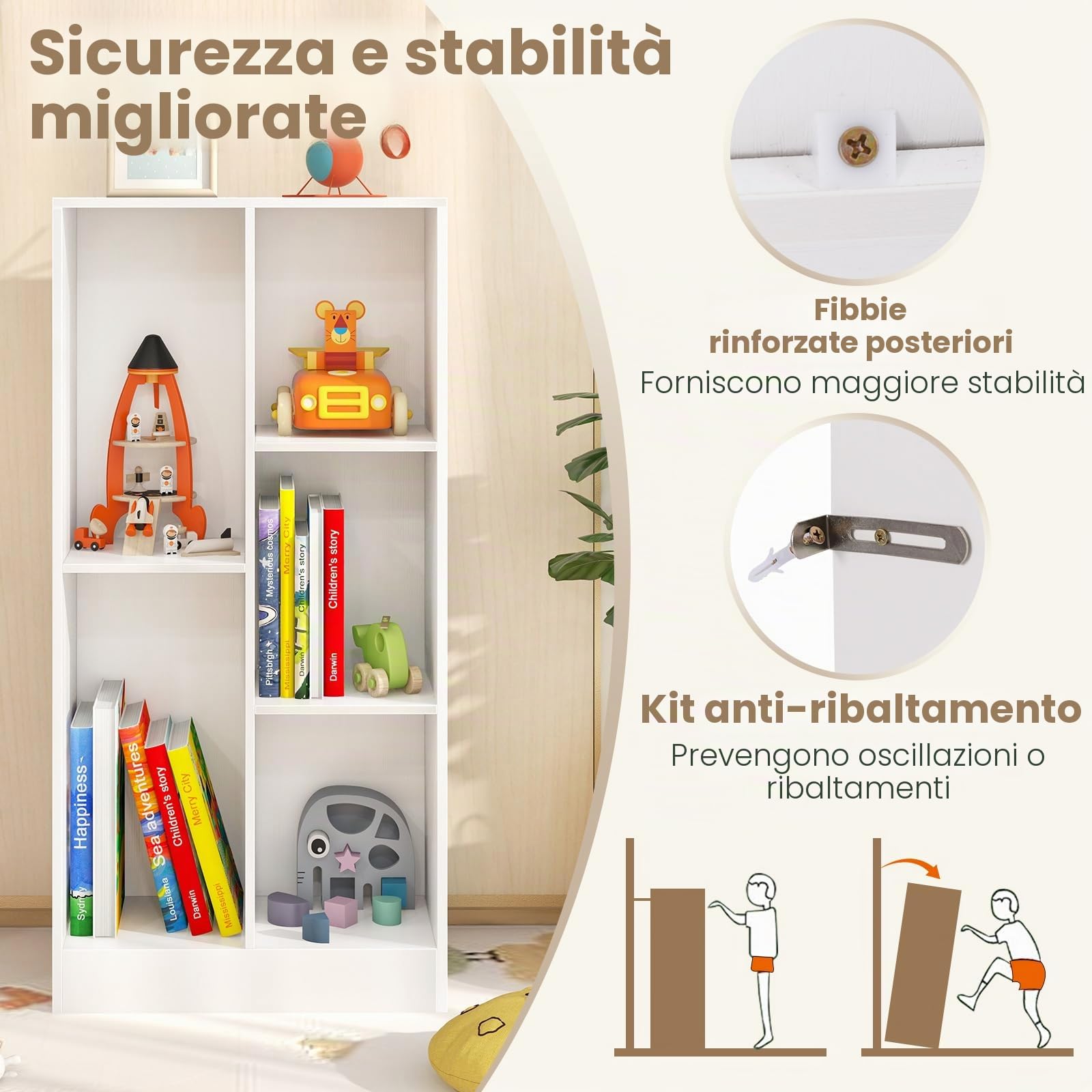 KOMFOTTEU Libreria aperta con 5 armadietti di 2 diverse dimensioni, scaffale per libri aperto, mobile in legno, gambe antiscivolo, 50 x 24 x 104 cm (bianco)