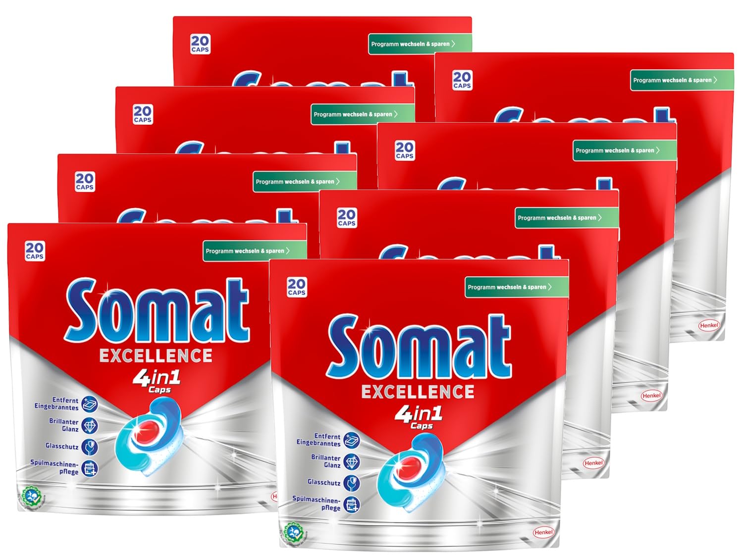 SOMAT Excellence 4in1 Caps (8x20 AW), schnellauflösende Spülmaschinen Caps für brillanten Glanz auch im Niedrigtemperatur-, Kurz- & Eco-Programm, Somat Caps entfernen kraftvoll Eingebranntes
