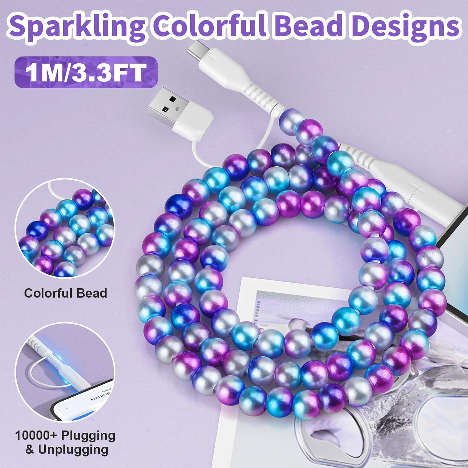 VOFUOE USB C Cable for iPhone 17 Charging Cord [MFi Certified] Gradient Pearl Beads 4 in 1 Multi Charging Cable 3.3FT Girls Fast Charging for iPhone 16 for Galaxy S25 & Most Devices-Purple Blue - Image 8