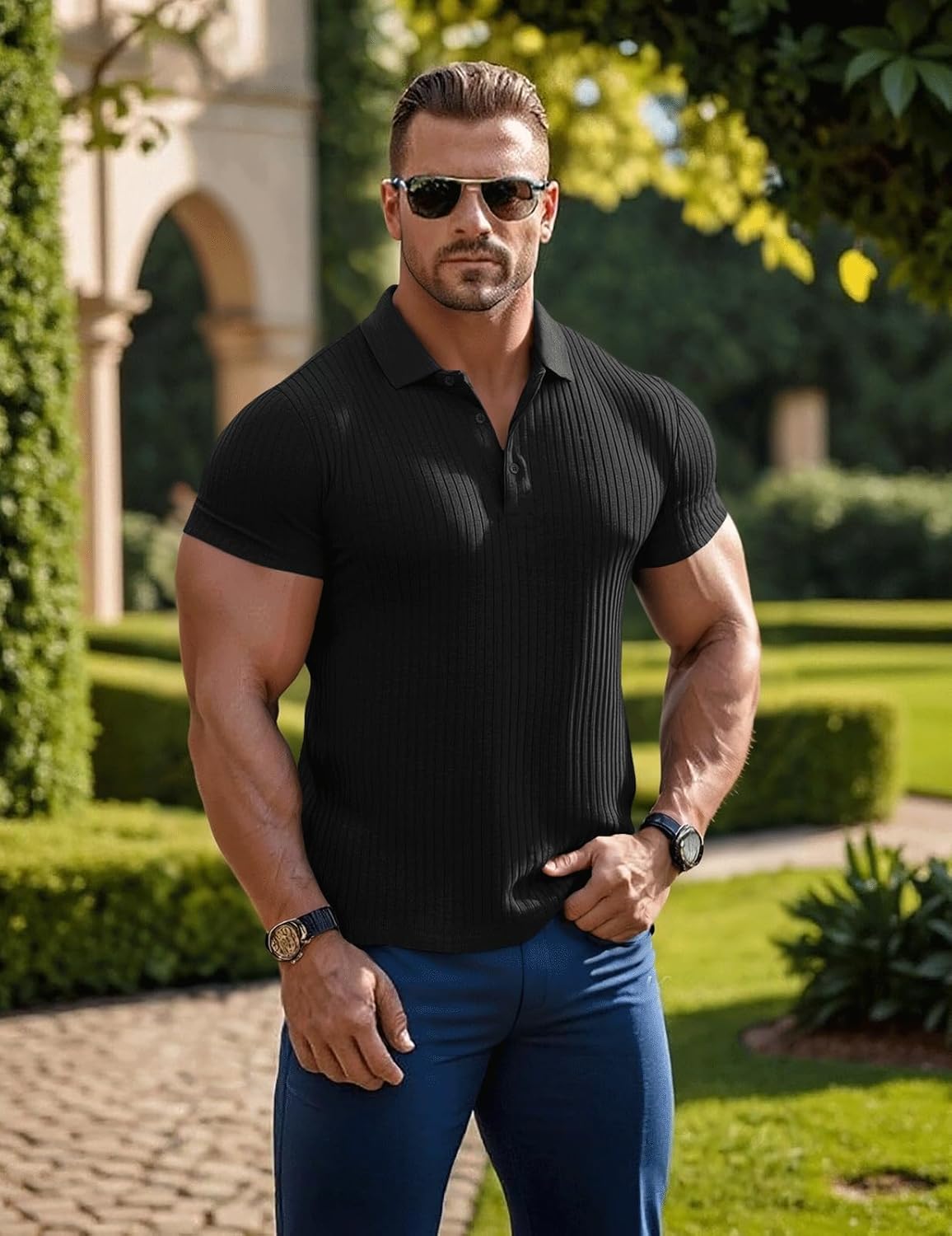 Muscle Cmdr Men's Cotton Long Sleeve Muscle T Shirts Slim Fit Business Casual Tee Short Sleeve Ribbed Polo V Neck - Image 2