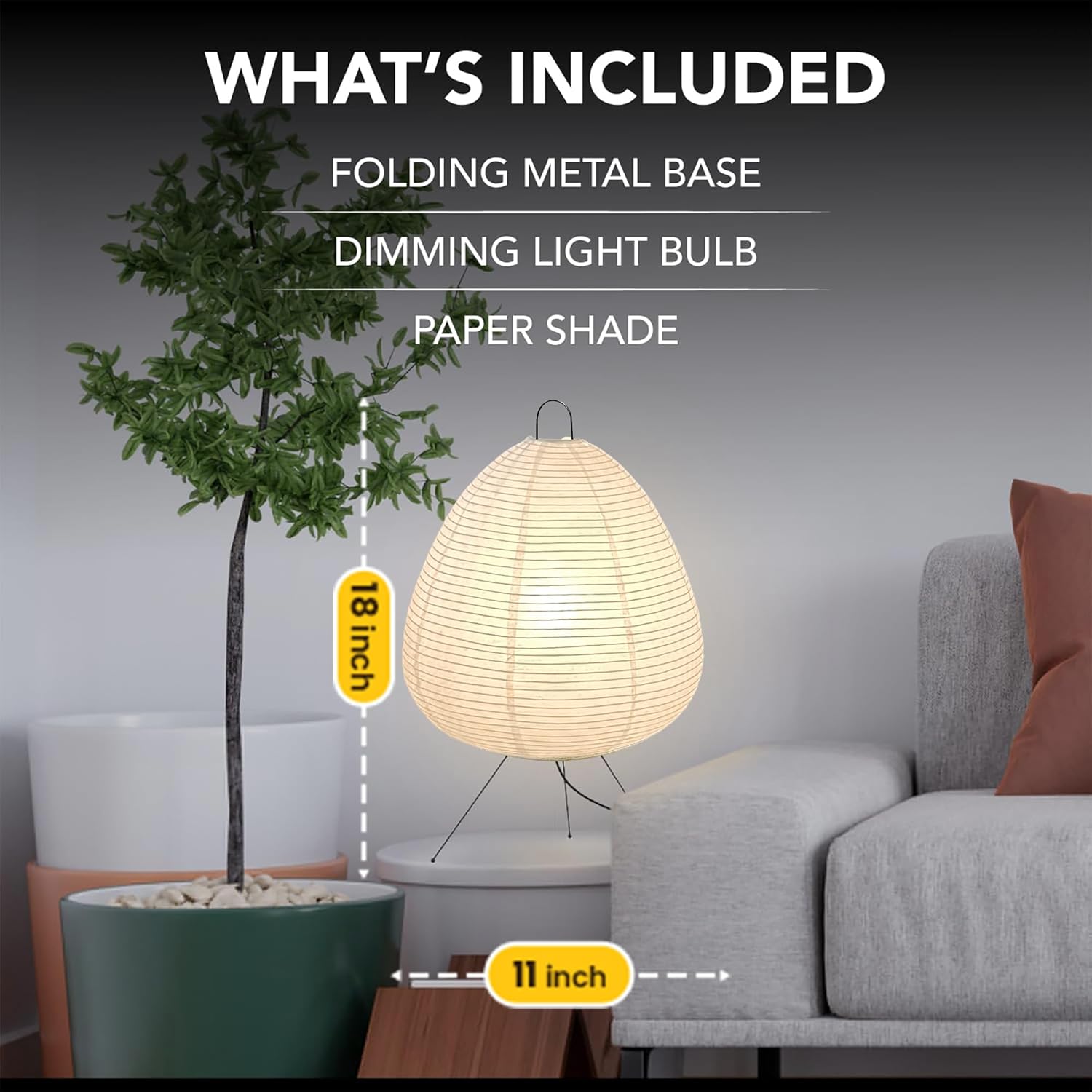 Noguchi Akari Rice Paper Lantern Lamp – Dimmable Japanese Table Lamp with Washi Paper Shade, Bulb Included – Japandi Bedside, Desk Light