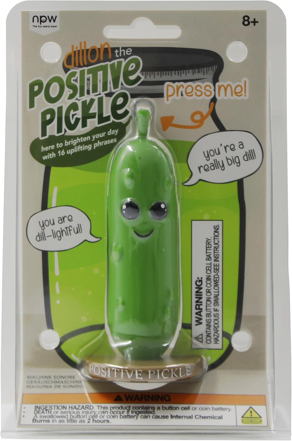 NPW Pickle Sound Machine – Dillon The Positive Talking Pickle, Funny Desk Toy & Motivational Prank Gift for Stress Relief (16 Uplifting Phrases)