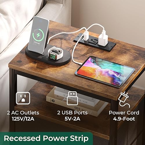 Miniatura 8 de Mesita de noche con estación de carga, mesa auxiliar con puertos USB y tomas de corriente