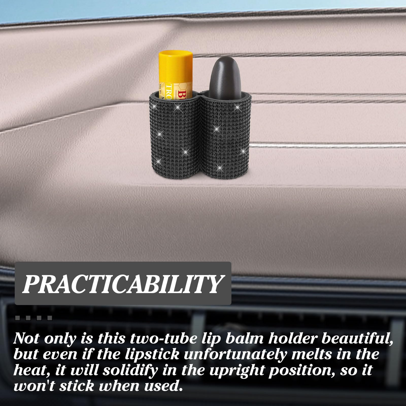 MR3XL New Type Lipstick Holder, Upright Lip Balm Holder No Melt, Buling Girl Car Accessories, Suitable for Various Models. (Black Bling)
