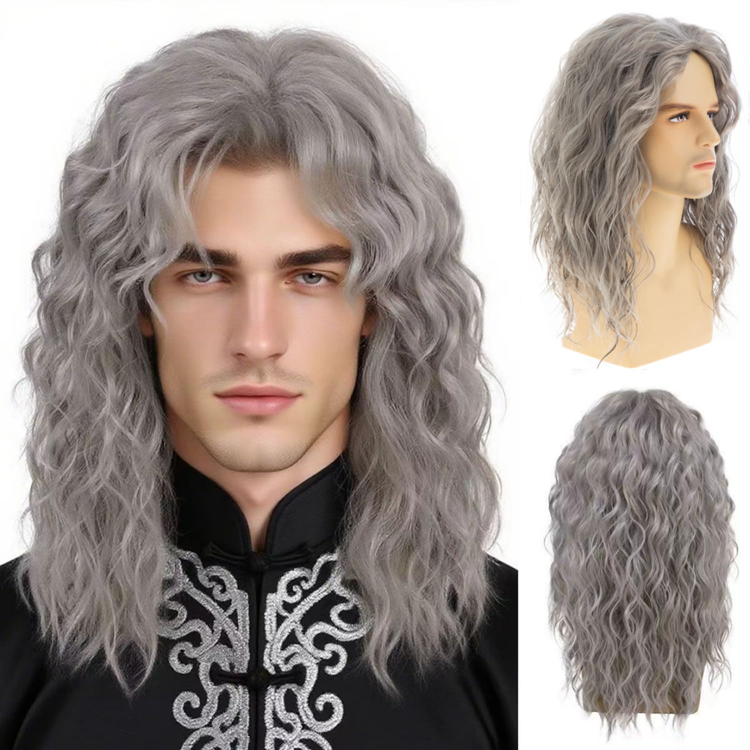 Mens Long Silver Gray Curly Wig Synthetic Heat Resistant Natural-Looking Fashion Textured Hairpiece for Cosplay Costume