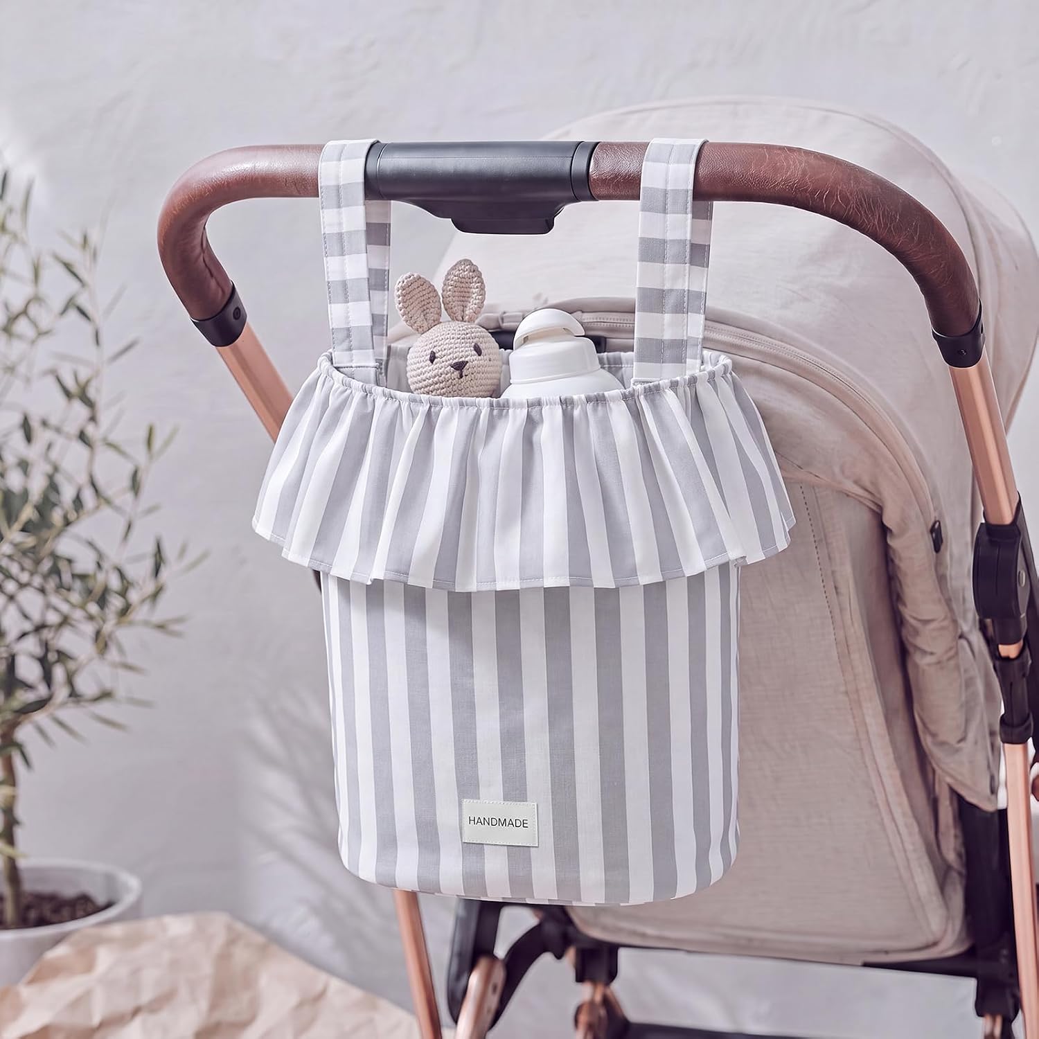 Abbylike Ruffle Stroller Bag with Removable Handles, Cotton Stroller Organizer with Waterproof Lined for Moms Baby Travel(Ruffles Style,15.5 x 9.5 Inch,Light Gray)