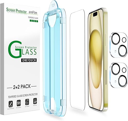 amFilm OneTouch 2+2 protectores de pantalla compatibles con iPhone 15 de vidrio templado de 6.1 pulgadas con accesorios protectores de lente de