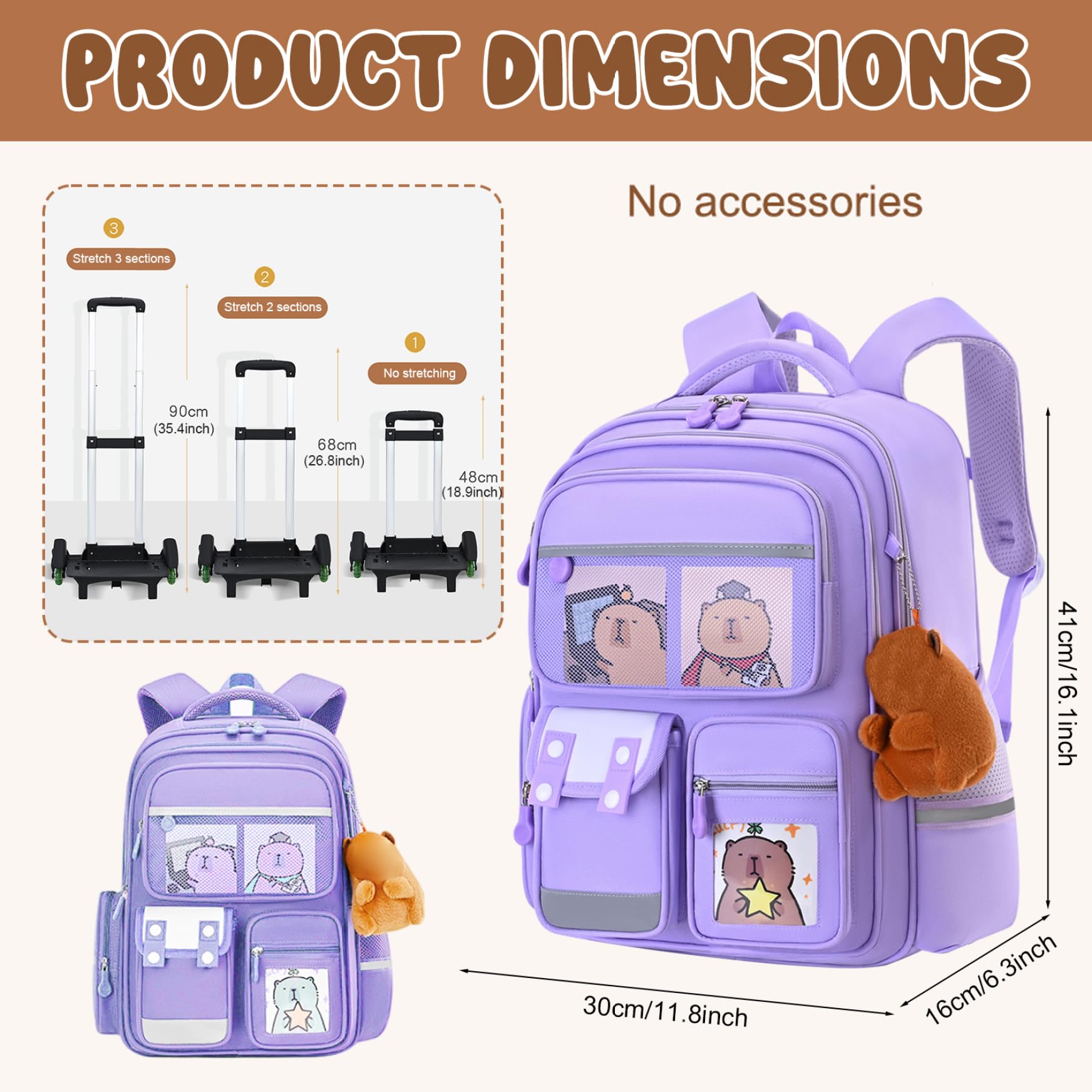 Zaino Trolley con Ruote Zaino Capibara di Capacità con Scomparti Multipli Borsa da Scuola con Stampa Simpatico Cartone Animato Cinghia Riflettente Maniglia Retrattile per Ragazzi Ragazze, Viol