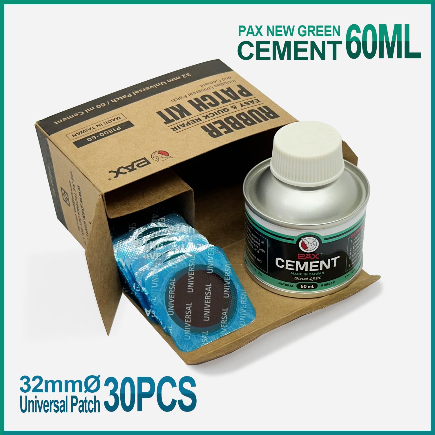 PAX 30Pcs 32mm Dia Round Universal Tube and Tire Patch Kit Heavy Duty, with 1Pc 60ml Green Cement Glue for Bike, Motorcycle, Car, Truck, Radial and Bias Tires, Automobile, BMX, ATVs, Inflatable Rubber