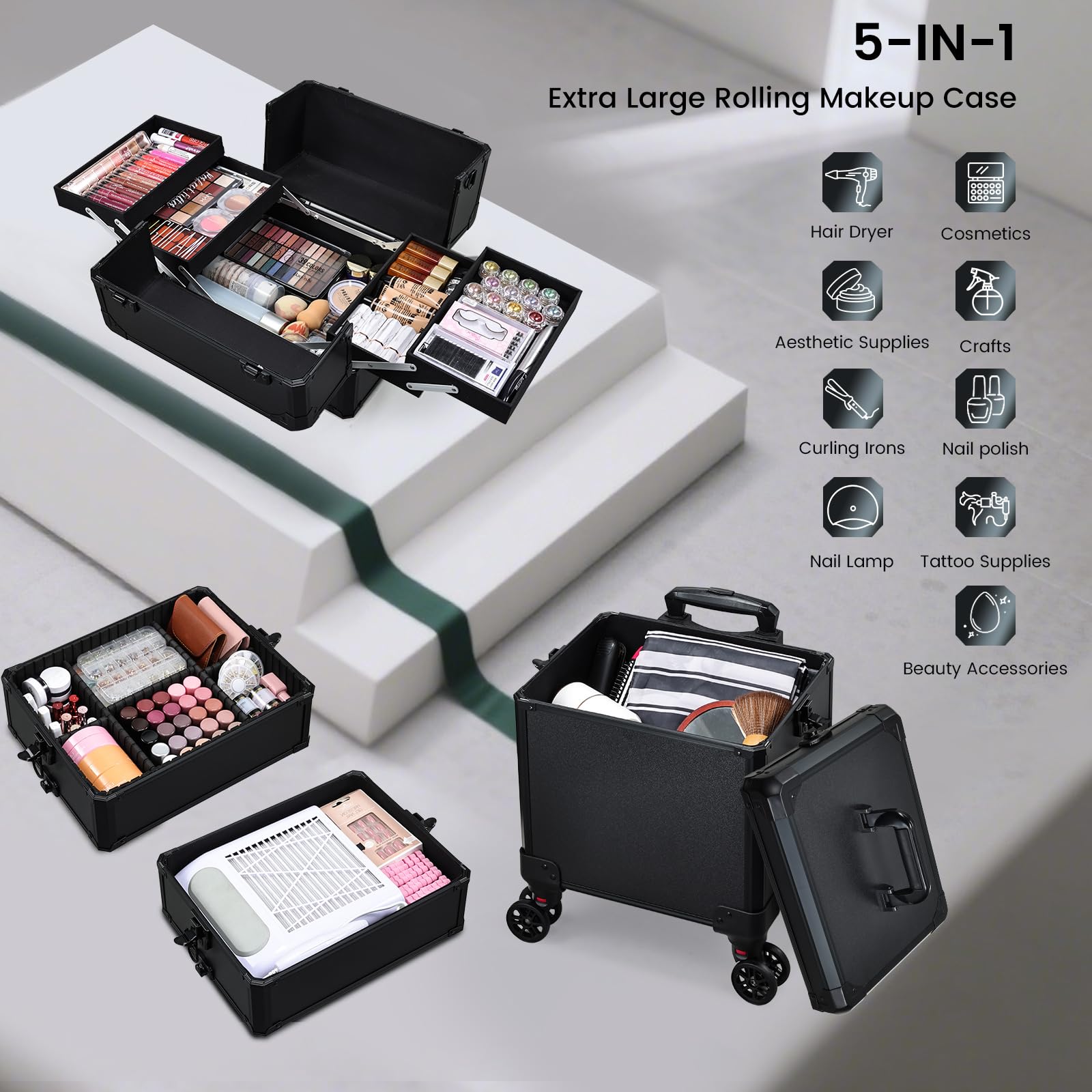 Kosmetikkoffer Alu Beauty Case 5 in 1 Kosmetik Trolley Rollkoffer Make Up Koffer Groß Schminkkoffer Nagelkoffer Abschließbare Friseur Box Drehbare Rollen für Reisen Schwarz