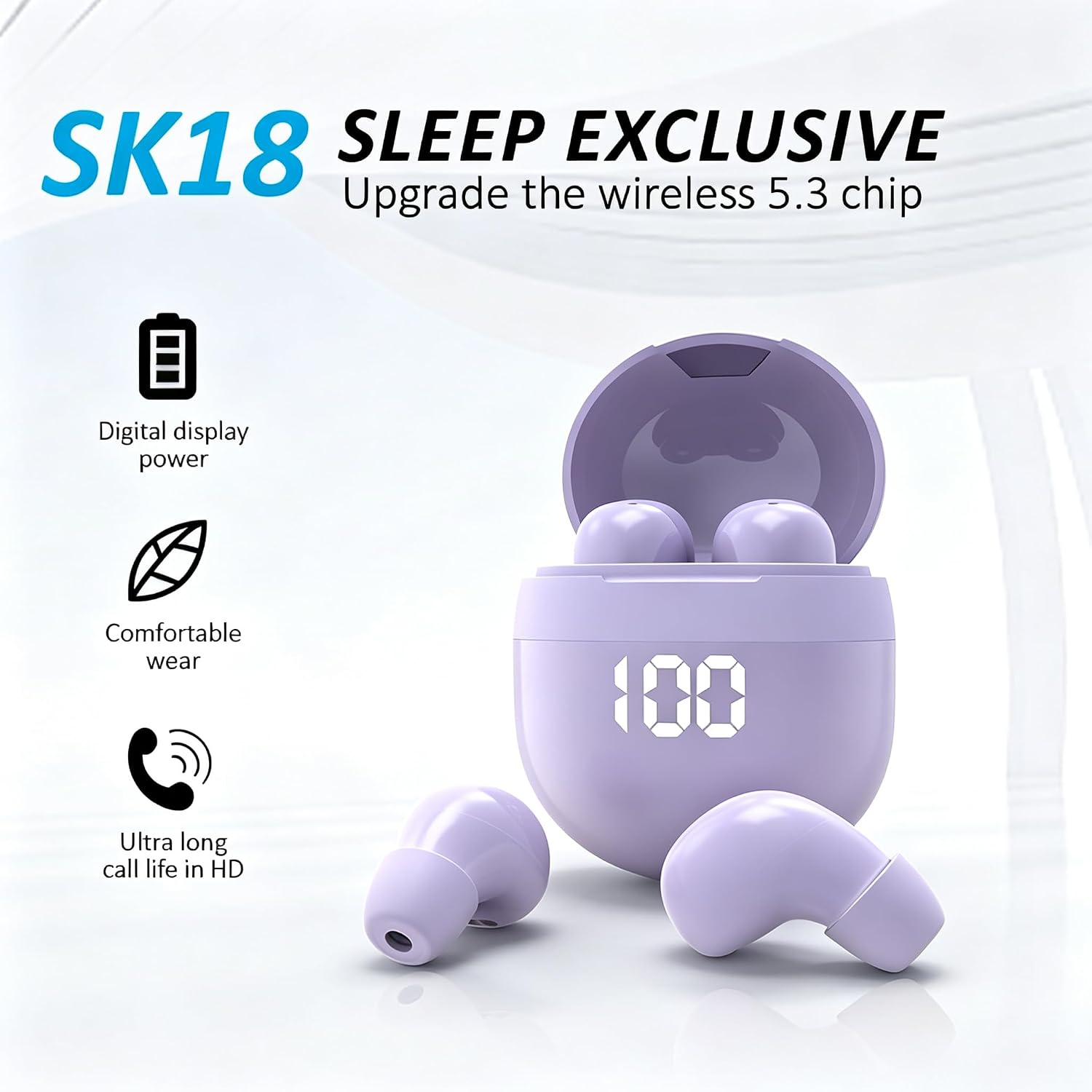 Mini Wireless Bluetooth Sleep Earbuds, in-Ear Half in-Ear Style, Touch Control, Passive Noise Cancellation, for Music Listening (Purple) image 5