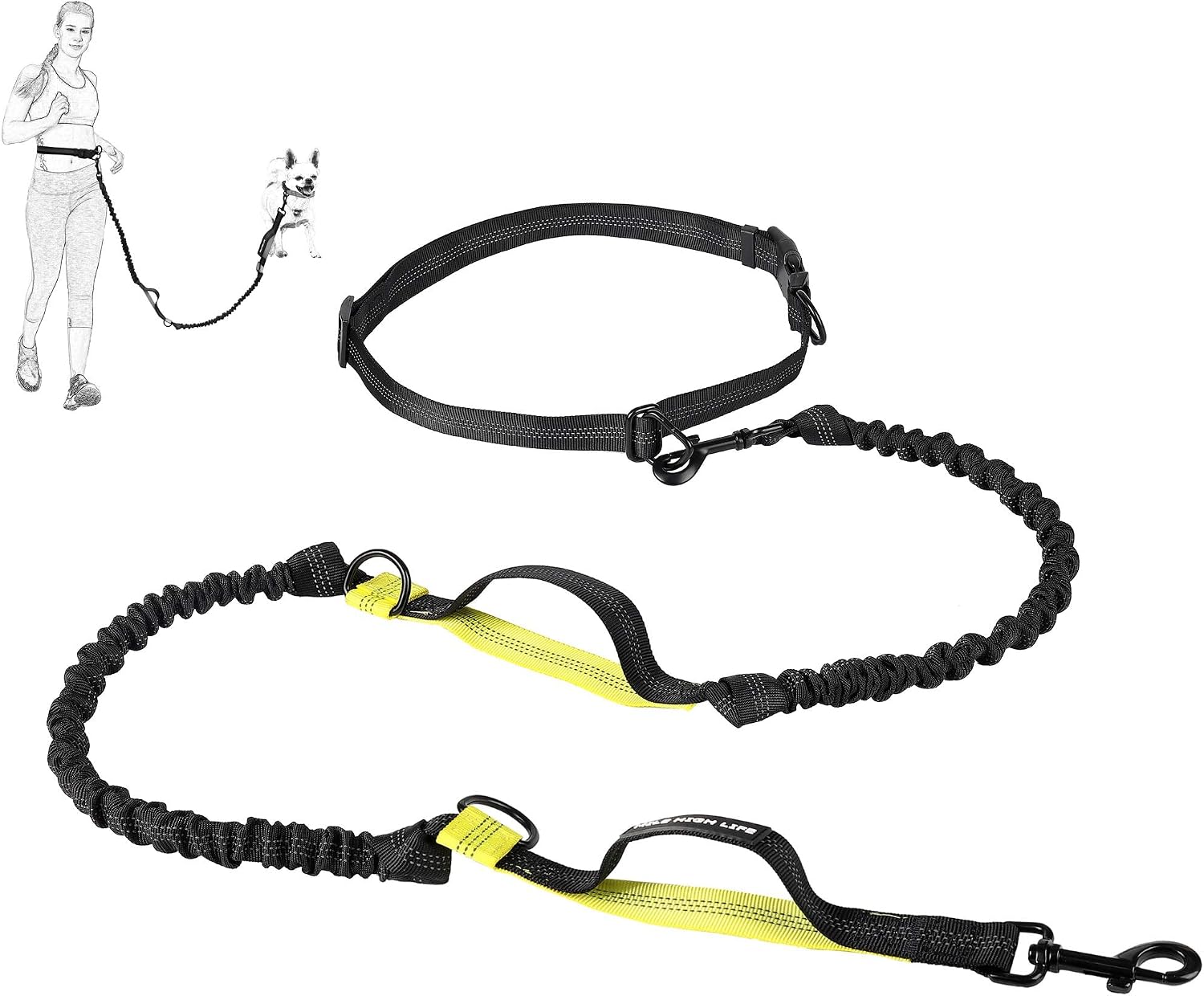 Mile High Life | Retractable Hands Free Dog 7FT Leash | Waist Running Adjustable | Reflective Dual Black Bungees | Dual Handles | Small…
