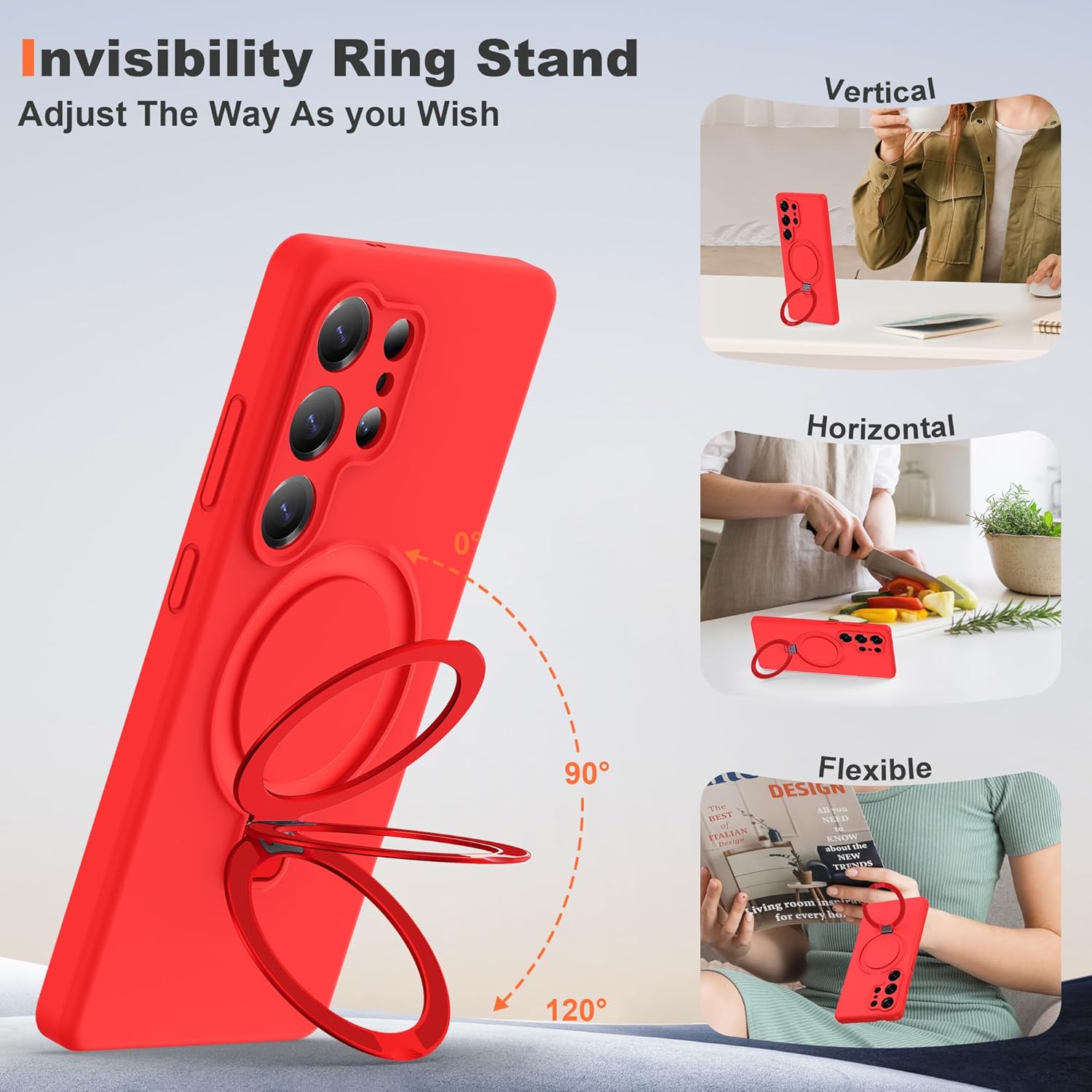 for Samsung Galaxy S25 Ultra Case with Magnetic Invisible Stand [Compatible with Mag-Safe] Military Drop Tested [Full Camera Protection] Silicone S25 Ultra Case for Women Men 6.9'', Red - Image 2