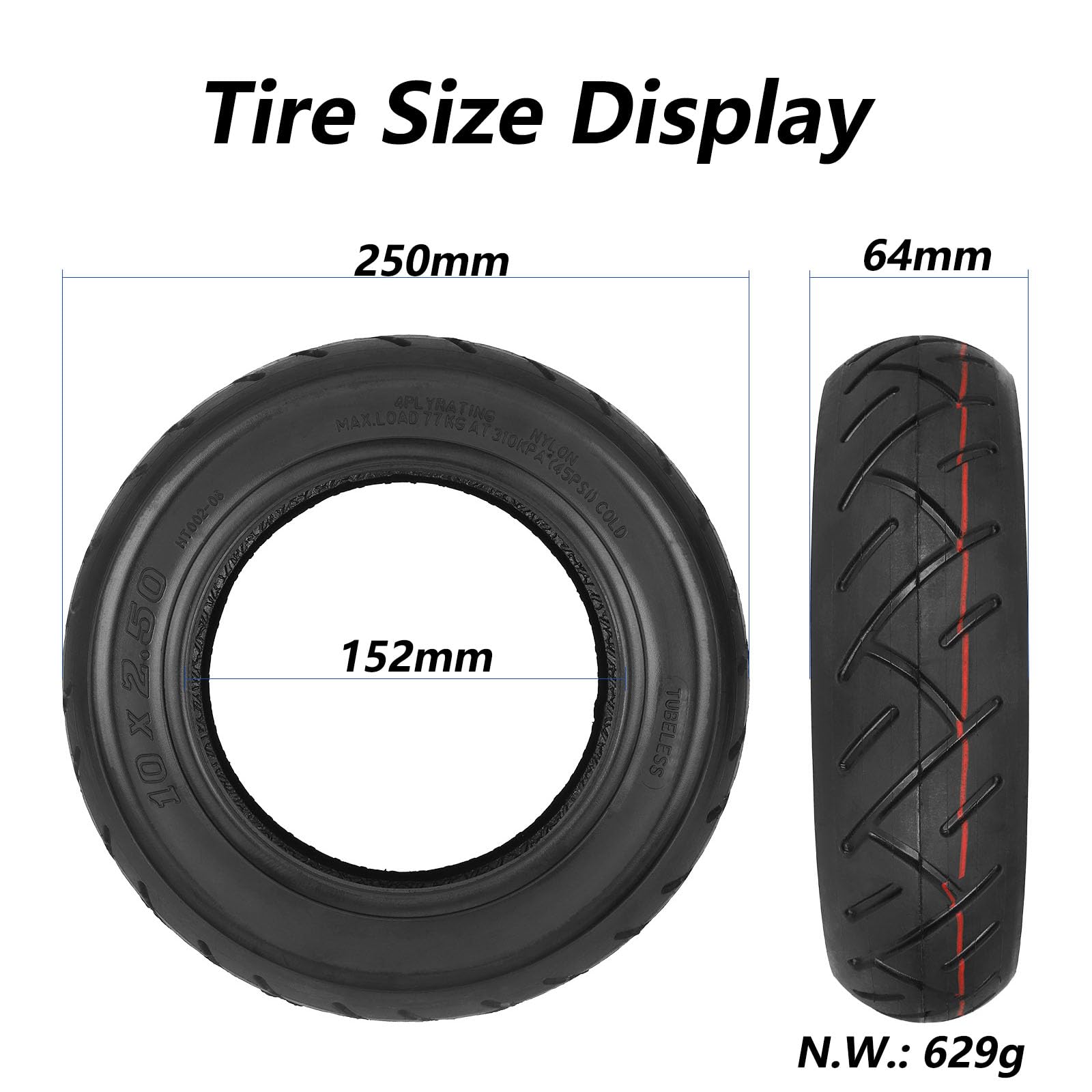 Pneumatico per Scooter Fuoristrada tubeless da 10 * 2,50, Ruote di scorta Antiscivolo tubeless per Scooter Elettrico da 10 Pollici per Pneumatici di Ricambio da 10 Pollici per Monopattino elettri