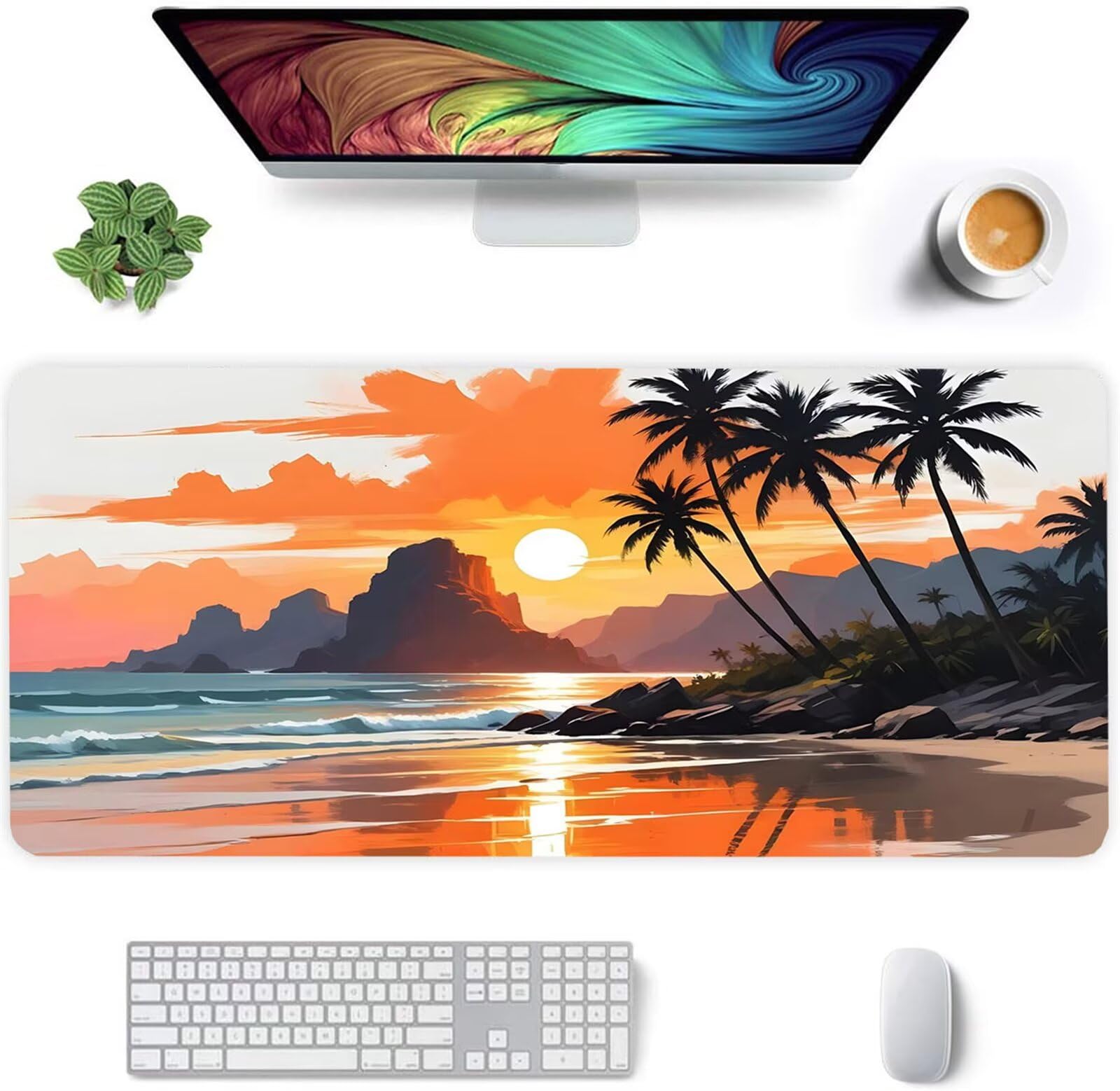 Alfombrilla Ratón XXL 1000x500x3mm Mouse Pad Grande Gaming,Alfombrilla Antideslizante,Tapete Escritorio con Bordes Cosidos,Alfombrilla Ratón para Jugadores, PC, Oficina, Árboles de Playa Atardecer