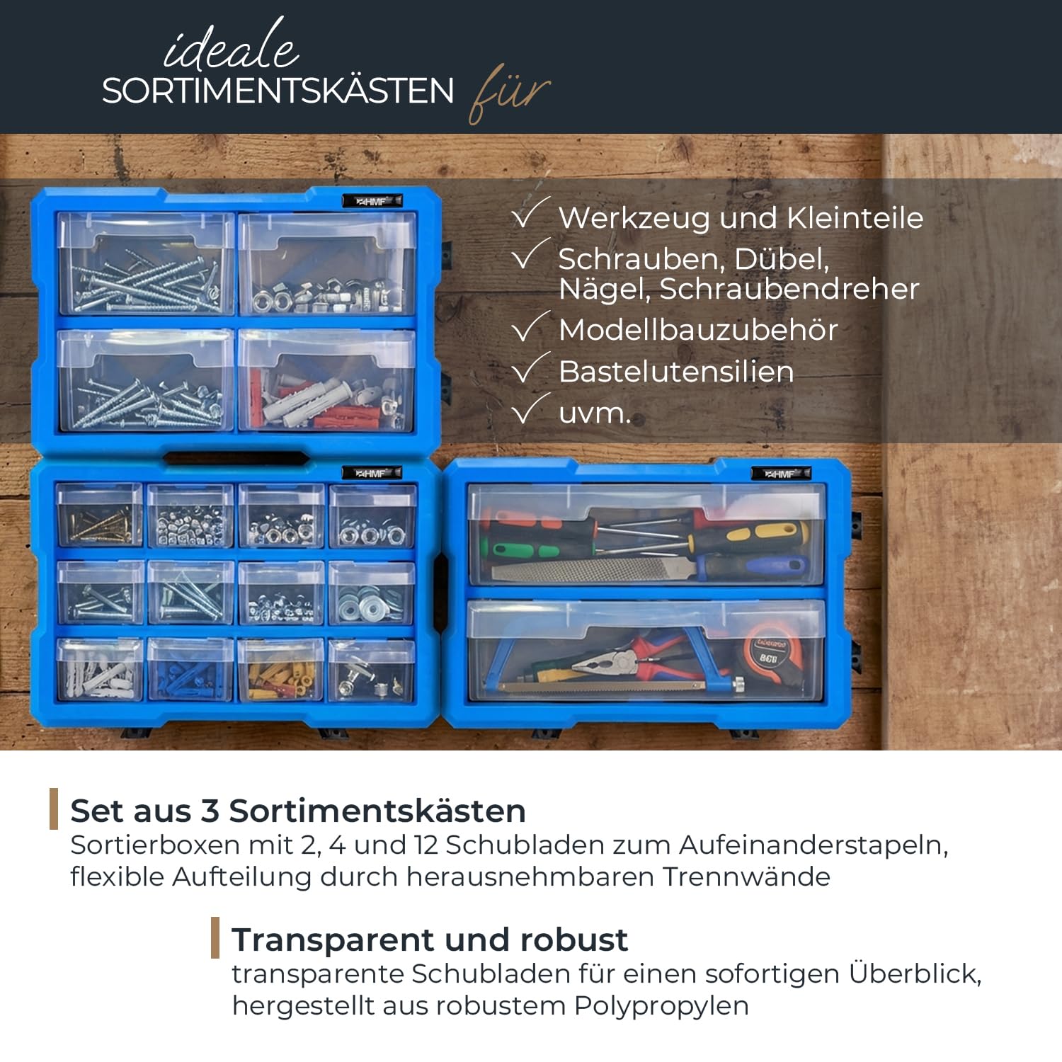 HMF Sortierbox für Kleinteile mit Schubladen, 3er Set, erweiterbarer Sortimentskasten für Schrauben und Werkzeug | 36 Fächer | 29,5 x 19,5 x 16 cm | Blau-Schwarz