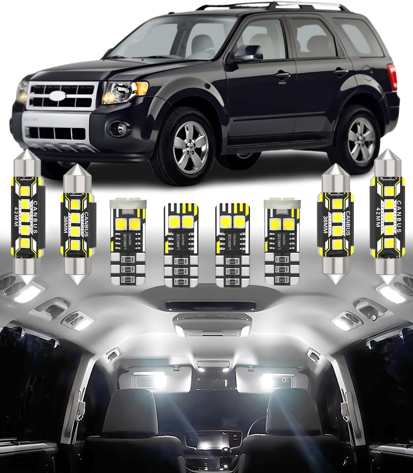 BMT xms Car Interior LED Light Replacement for Ford Escape 2008-2012,6000K Super Bright Interior Light Bulbs Package, 13pcs