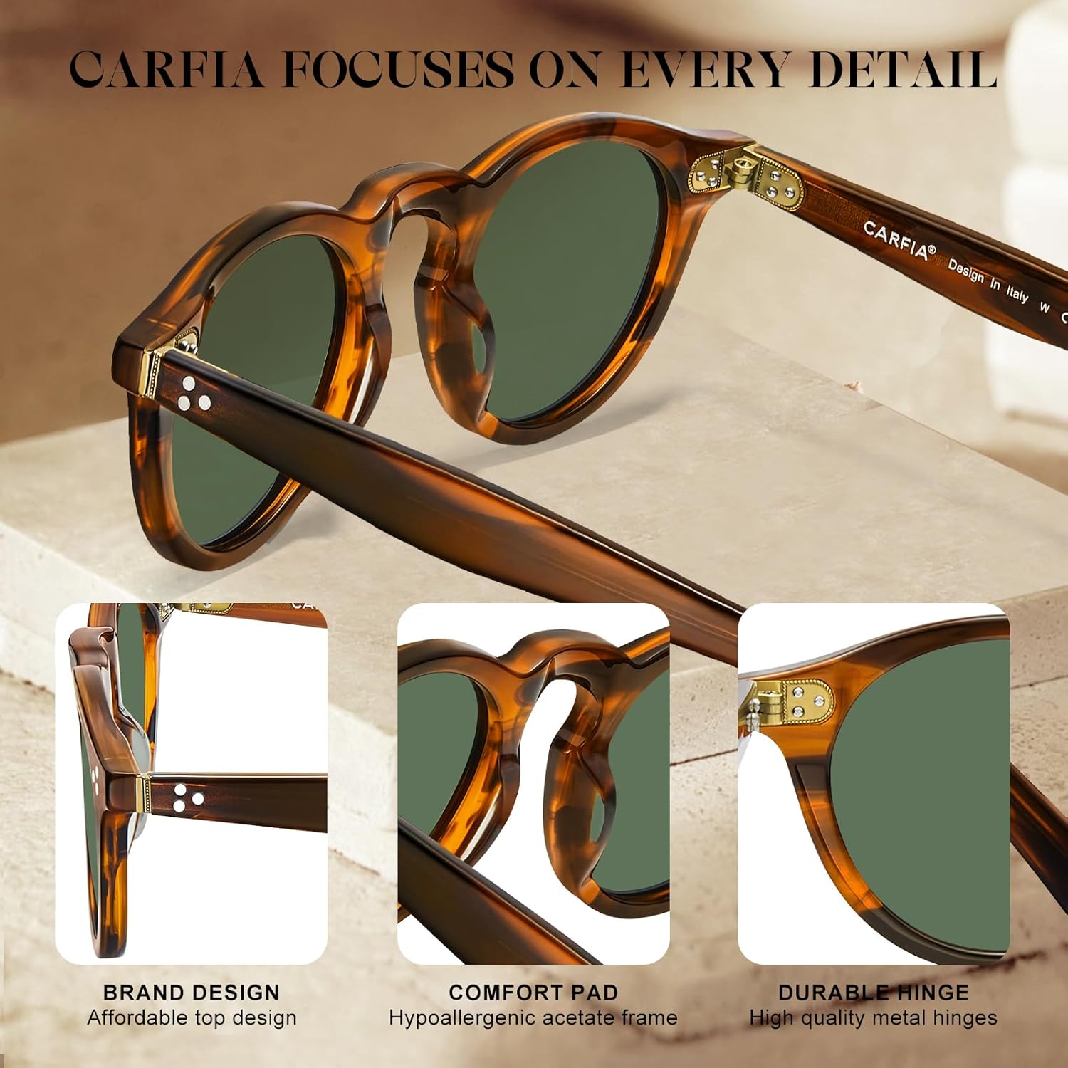 CARFIA Retro Mens Sunglasses Women Polarized UV400 Protection, Small Round Acetate Italian Luxury Style Driving Shades - Image 4