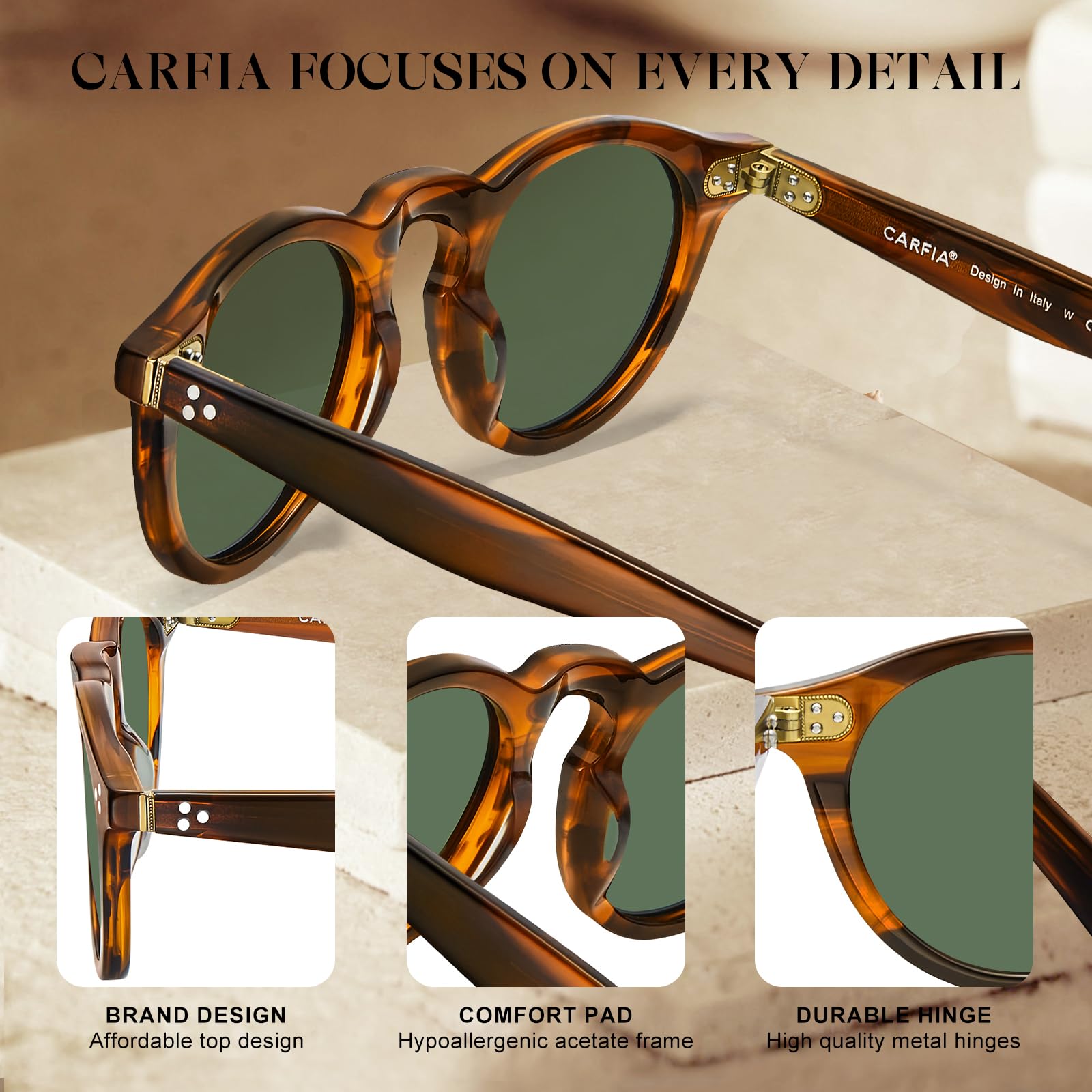 Gafas de sol retro polarizadas para hombre, protección UV400, pequeñas y redondas de acetato italiano, estilo de lujo, persianas de conducción, Marco de 1 raya, lente verde 4