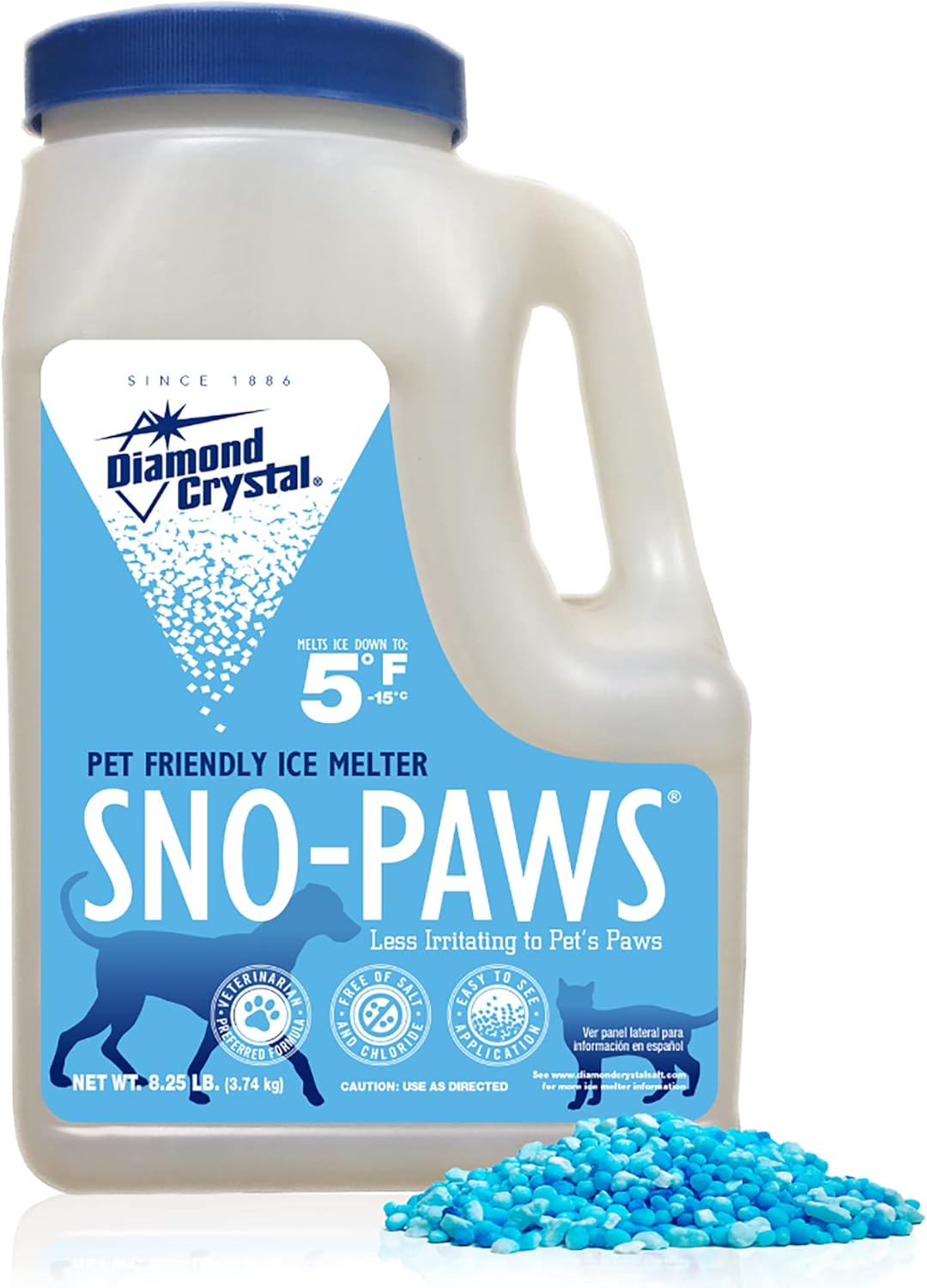review Diamond Crystal SNO-Paws Snow and Ice Melter - Calcium Chloride & Salt-Free Pet Safe Ice Melter with Blue Tint - Melts Ice Down to 5 Degrees
