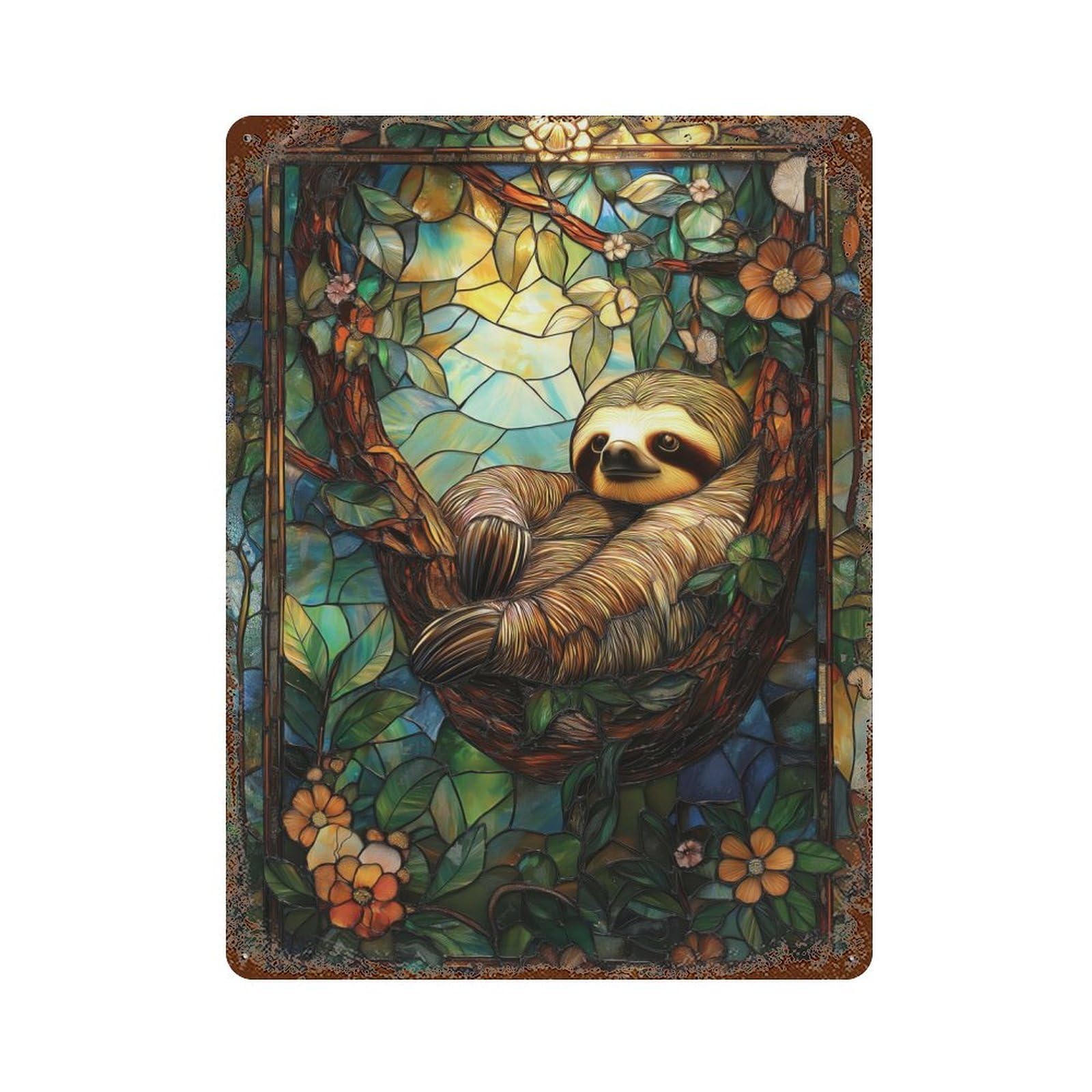 Garage Style Stained Glass Sloth Rusty Metal Tin Sign 15.7"x11.8", Shabby Chic Decor for Bar And Workshop