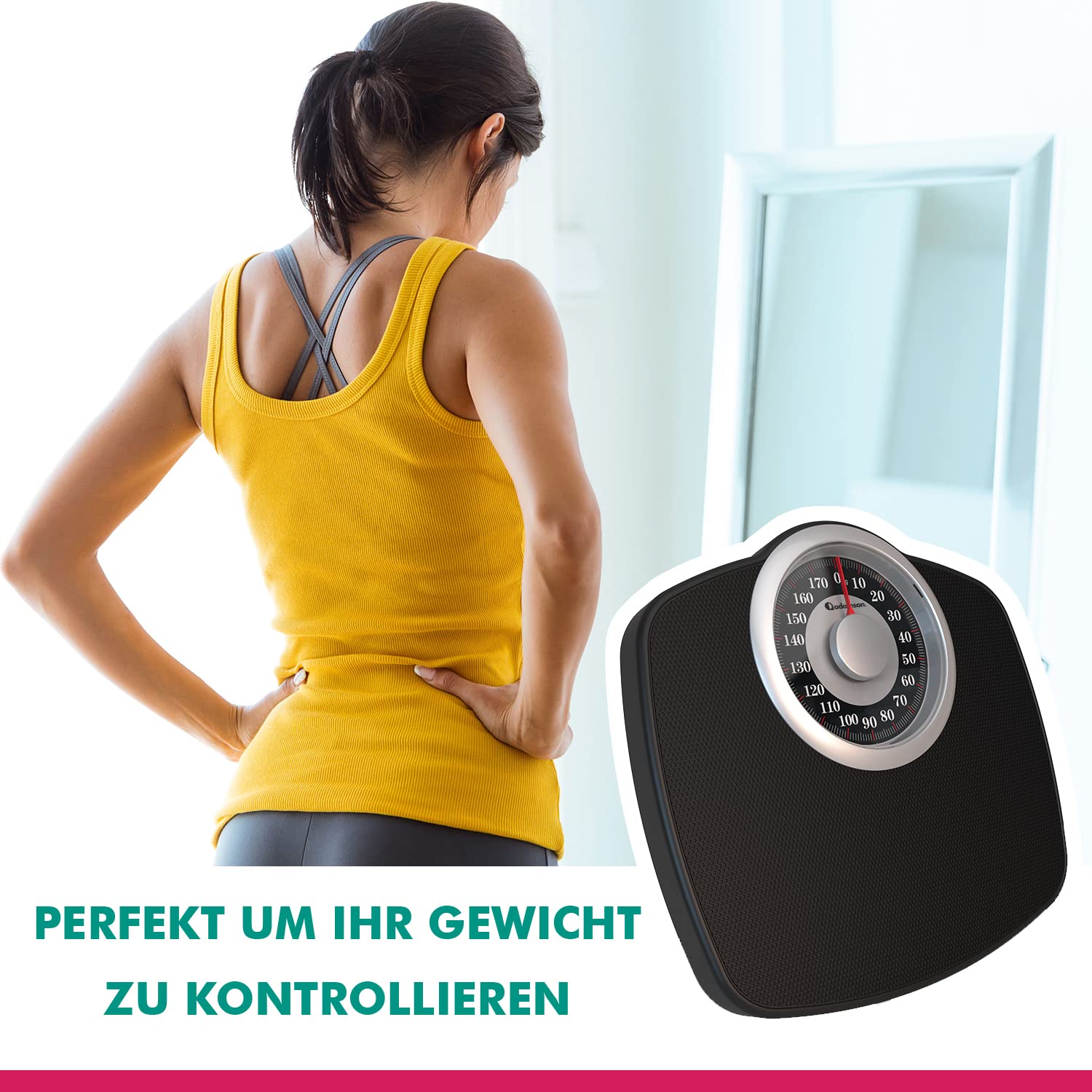 Adamson A25 Personenwaage – bis zu 180 kg – 5,3 Zoll Zifferblatt auf 31 x 30 cm großer Plattform – Rutschfeste Gummioberfläche – Hochpräzise analoge Personenwaage – Langlebig mit 20 Jahren Garantie