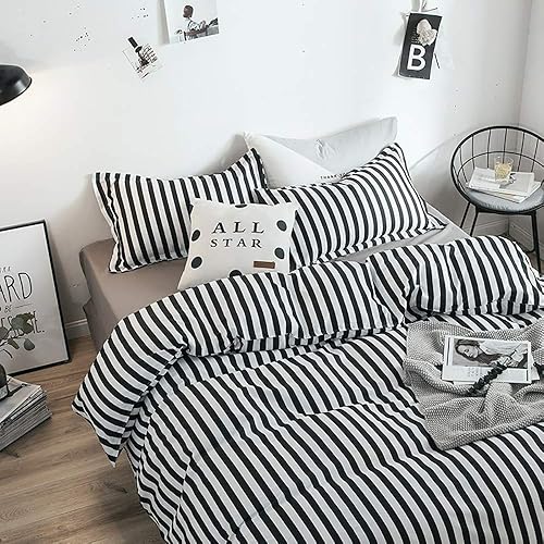 Miniatura 4 de Juego de edredón a rayas blancas y negras, juego de cama para mujer, suave y duradero, edredón de calidad hotelera, juego de cama para niñas y