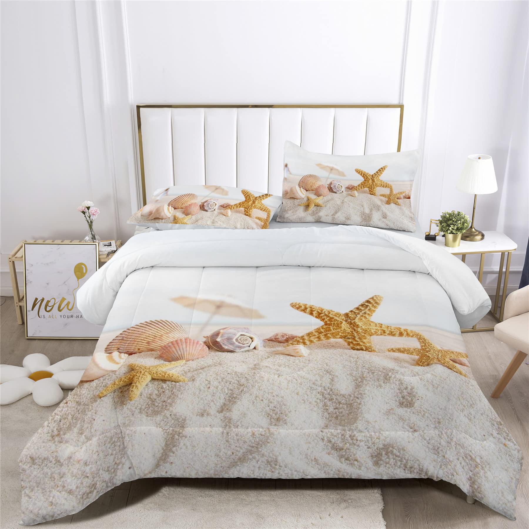 Bedbay Set di biancheria da letto per letto queen size, motivo con stelle marine, conchiglie, onde, natura, foglia di tè, 3 pezzi (acqua, queen