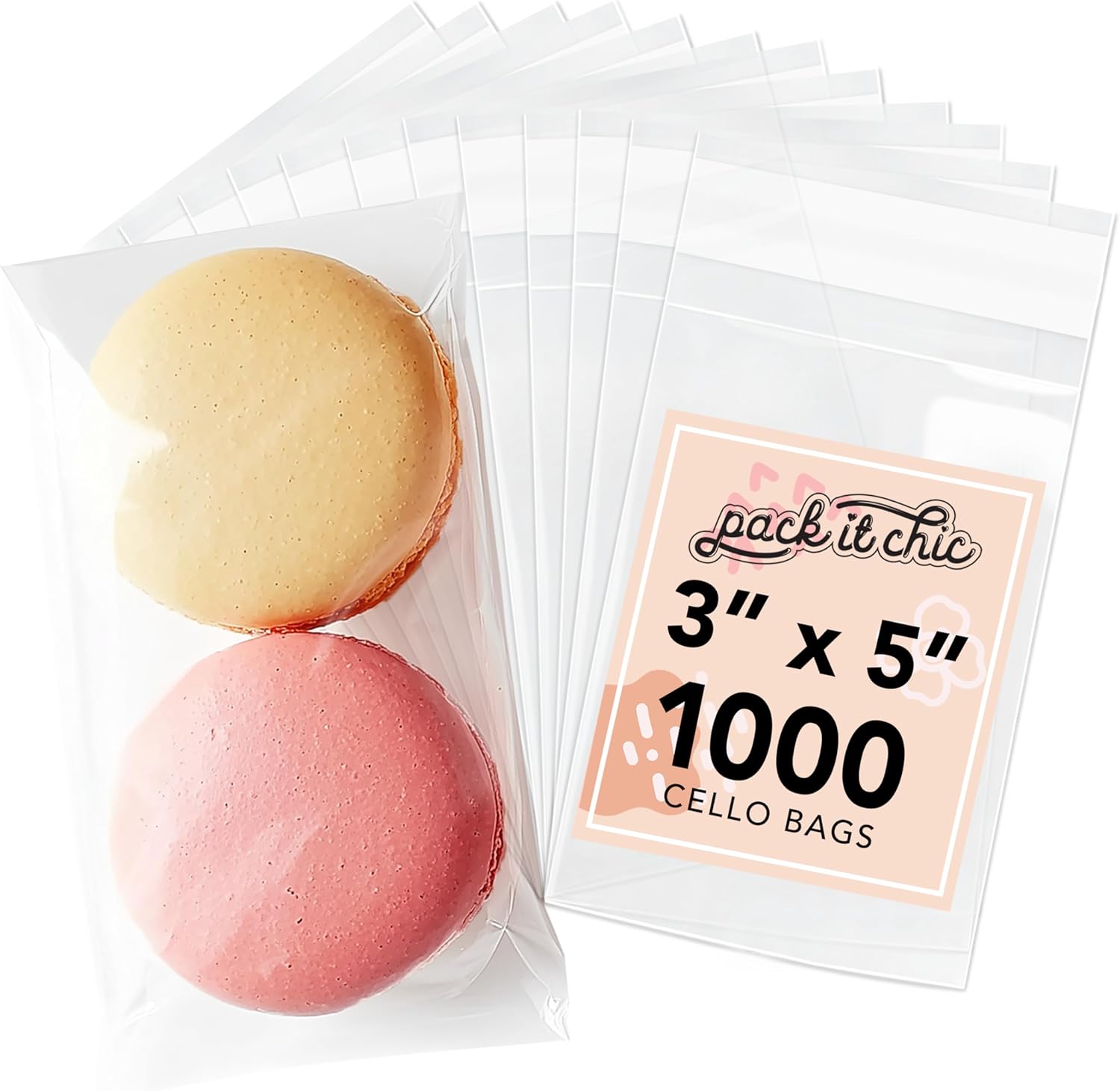 Pack It Chic - 3" X 5" Clear Self Sealing Cellophane Bags (1000 Pack) - Cookie Bags With Resealable Adhesive for Baked Goods Packaging, Candy, Treats, Bakery, Party Favors