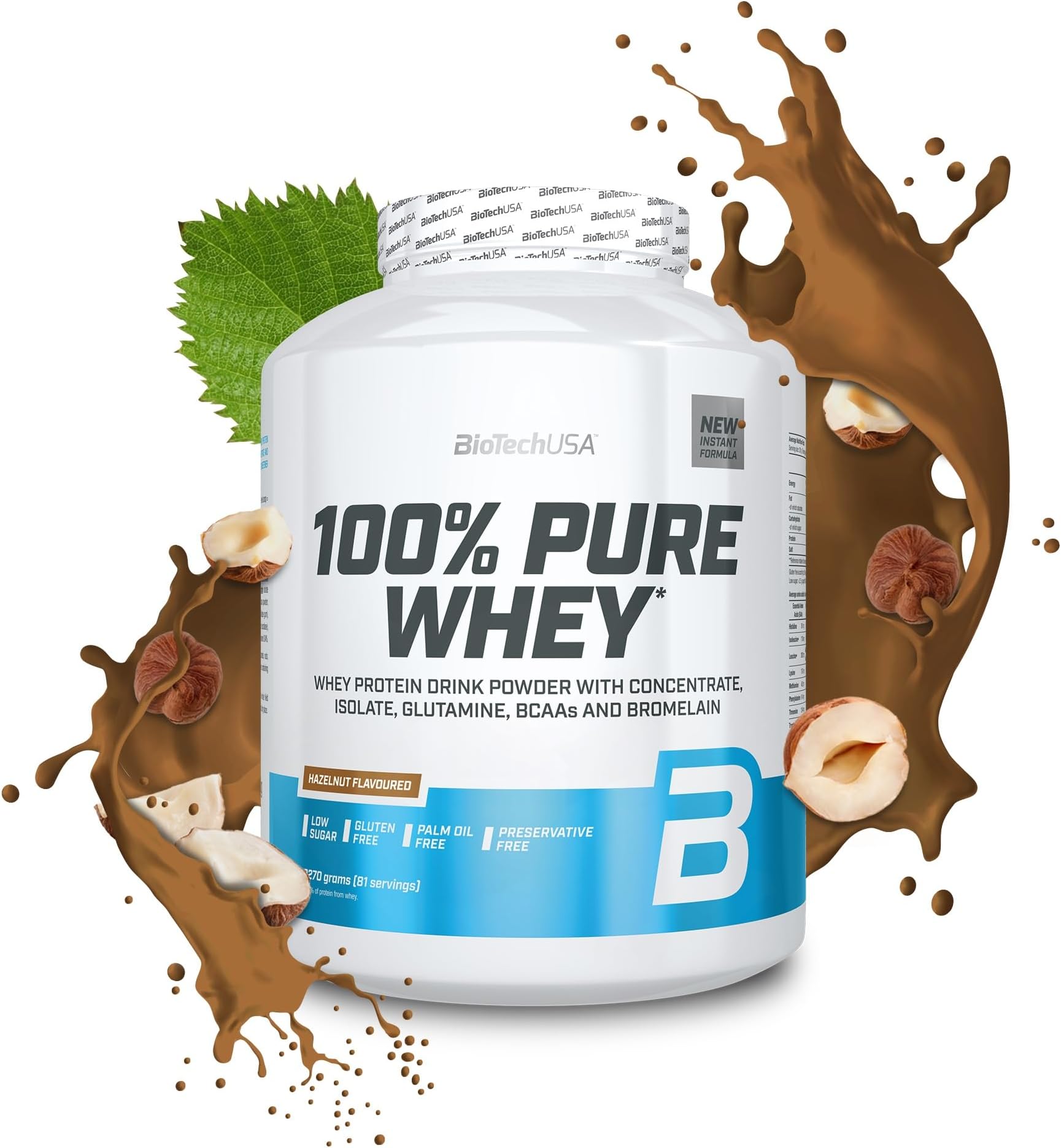 100% Pure Whey | Protein Powder with BCAA and Glutamine | Gluten-Free, Palm Oil Free | 21g Protein per Serving, 2.27 kg, Hazelnut
