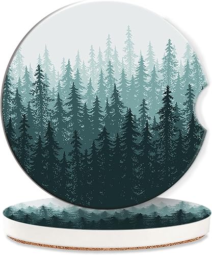 Posavasos de automóvil para portavasos de automóvil, paquete de 2 posavasos de cerámica absorbentes de bosque brumoso, paisaje de árbol verde,