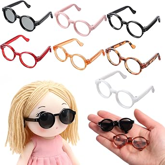 7 PCS Doll Glasses Set Cute Plastic Doll Dress up Sunglasses Eyeglasses Mini Costume Accessories 6.5cm Clear Eye Glasses Supplies for Figures Collectors Display Decoration 7 Colors
