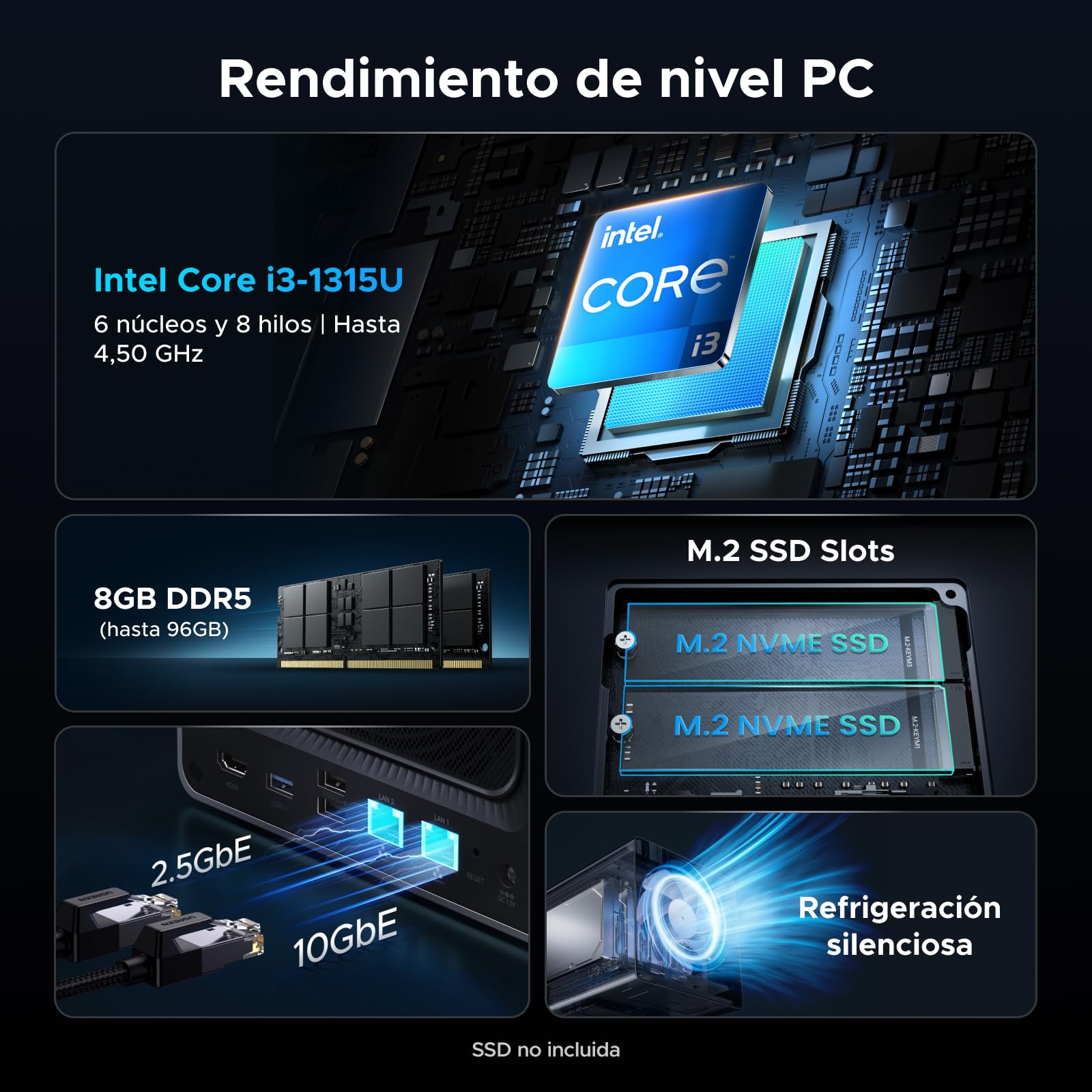 UGREEN NASync DXP4800 Pro NAS de Escritorio 4 bahías, CPU Intel i3-1315U (6 núcleos), 8GB DDR5 (hasta 96GB), 128G SSD, 1x10GbE, 1x2,5GbE, 2 Ranuras M.2 NVMe, HDMI 4K (sin Discos)