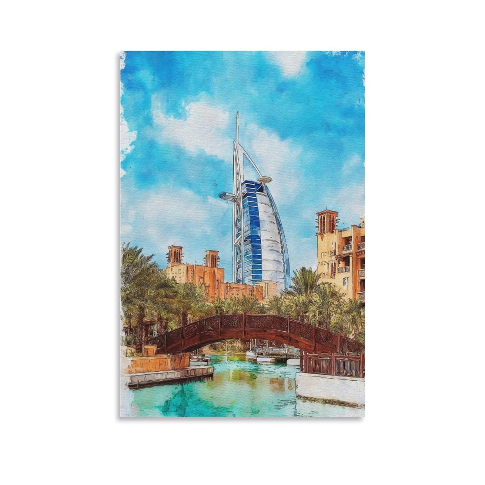 Lcynnh Unframe-Style Dubai Burj Al Arab 24X36inch(60X90cm) Vintage Travel Poster Watercolor Canvas Art