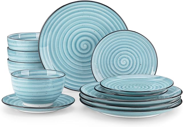 Vancasso Dinnerware Ensembles 12 Pièces Bonbon Bule Ensemble de dîner, assiettes et bols Ensembles avec assiettes de dîner Bols Peintures à la main Spirales Pattern Ensembles de vaisselle, Service pour 4