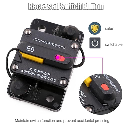 Miniatura 2 de E9 50 Amp Disyuntor con diseño de interruptor empotrado  Protección IP67 impermeable DC 12V-72V 50A Reinicio manual UL montaje en superficie