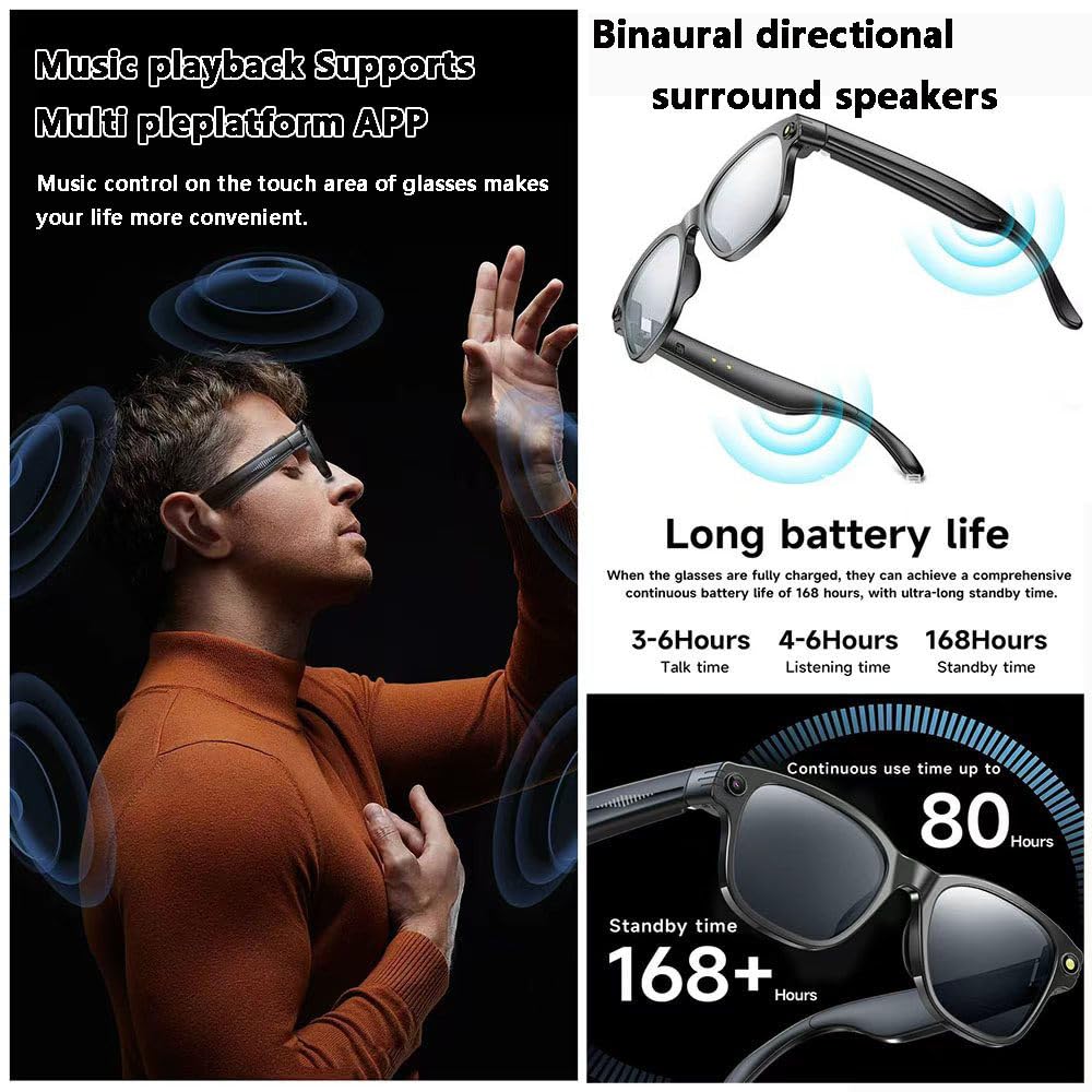 Lunettes intelligentes pour caméra HD avec appel Bluetooth, assistant vocal, lecteur de musique, contrôle tactile – Parfait pour les voyages, le travail et les activités de plein air