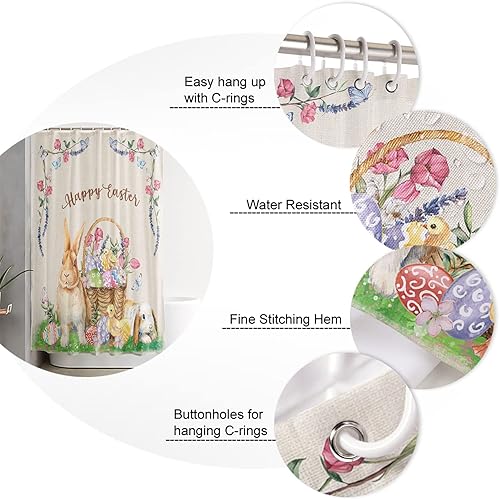 Miniatura 5 de QueenKer Cortina de ducha con diseño de huevos de Pascua flores de conejo textura retro impermeable juego de cortina de ducha con 12 ganchos de