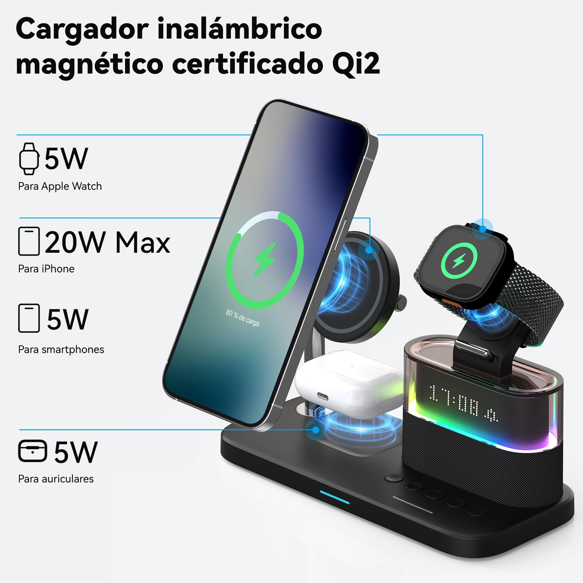 Cargador Inalámbrico 3 en 1 Qi2 15W Magnético para iPhone 17/16/15/14/13/12 Pro MAX, Apple Watch S10/9/8 y AirPods 4/3/2/Pro, Estación de Carga Rápida con Reloj LED y Luz RGB