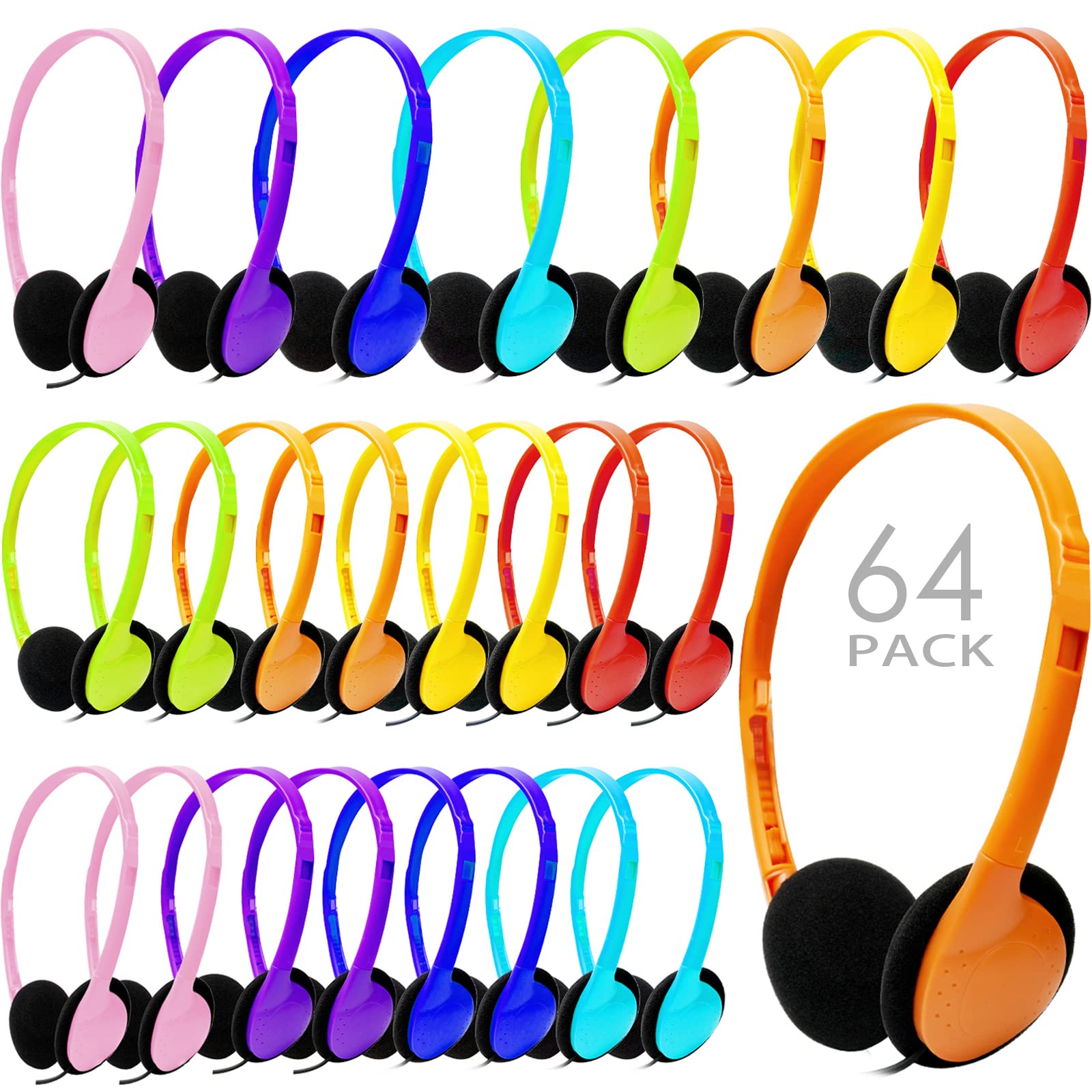 CN-Outlet Paquete de 64 auriculares para el aula a granel, multicolor, juego de clase para estudiantes escolares, niños, niñas, adolescentes y adultos
