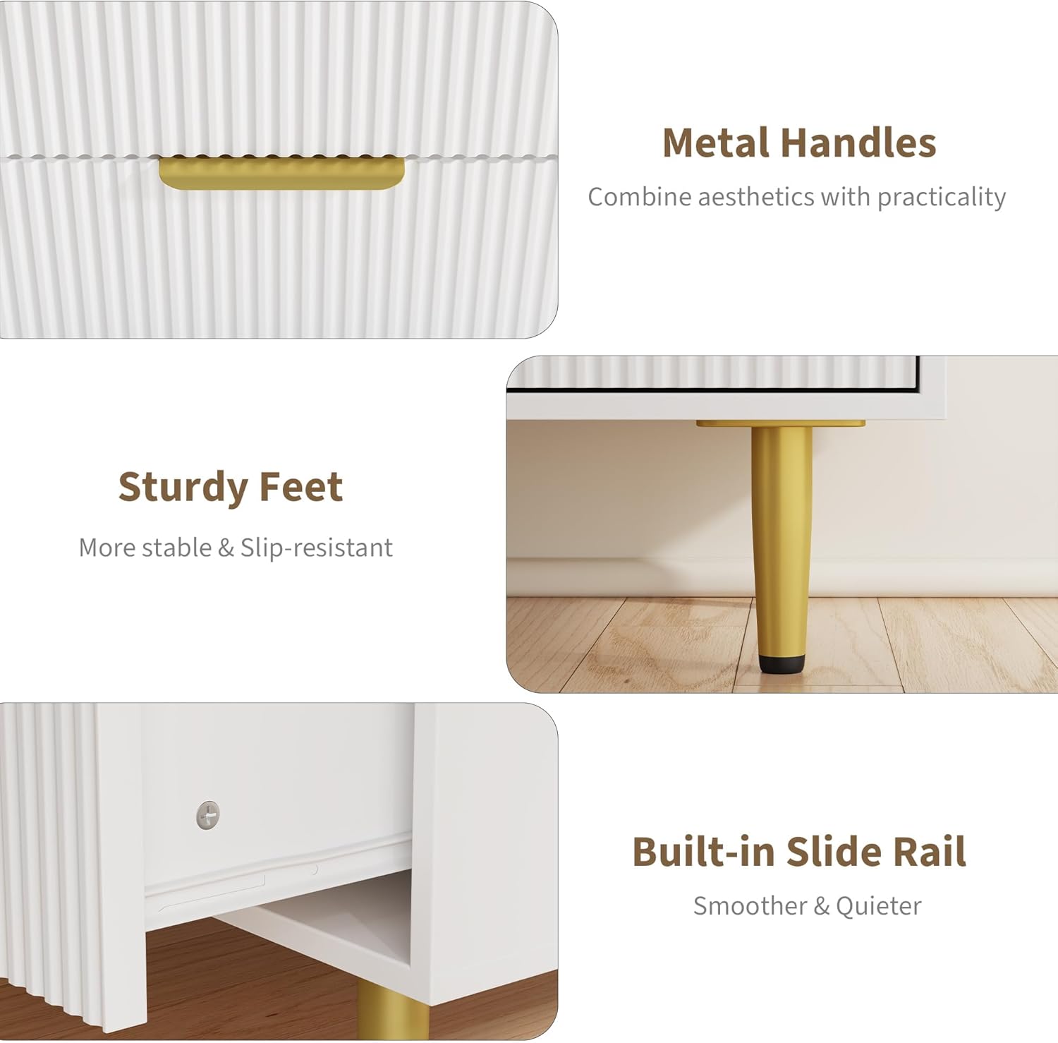 IDEALHOUSE Fluted 3 Drawer Dresser for Bedroom, 27.9" Chest of Drawers, Wood Dresser with Gold Metal Handle, Storage Organizer for Hallway and Entryway, Easy Assembly, White