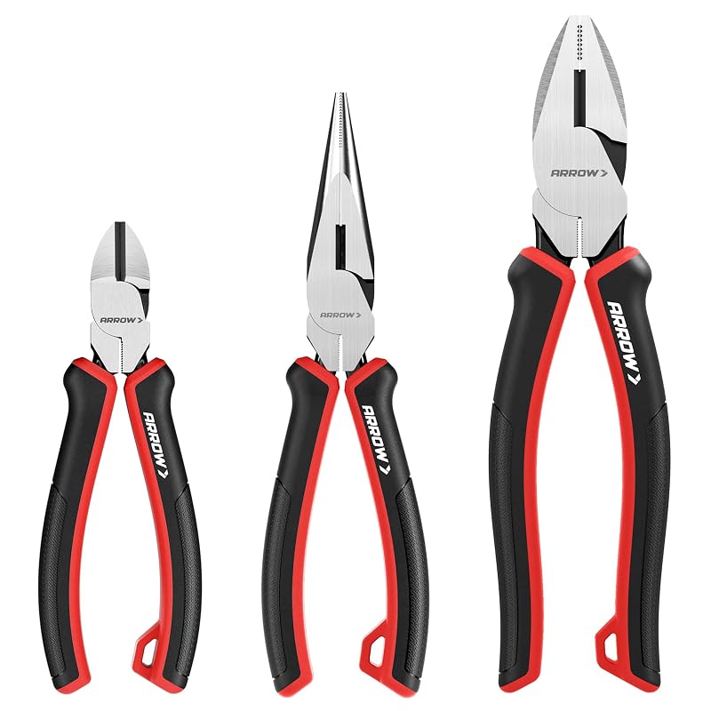 Kit de Alicates ARROW Fastener com 3 Peças em Aço-Carbono, Bico Longo, Lineman e Corte Diagonal