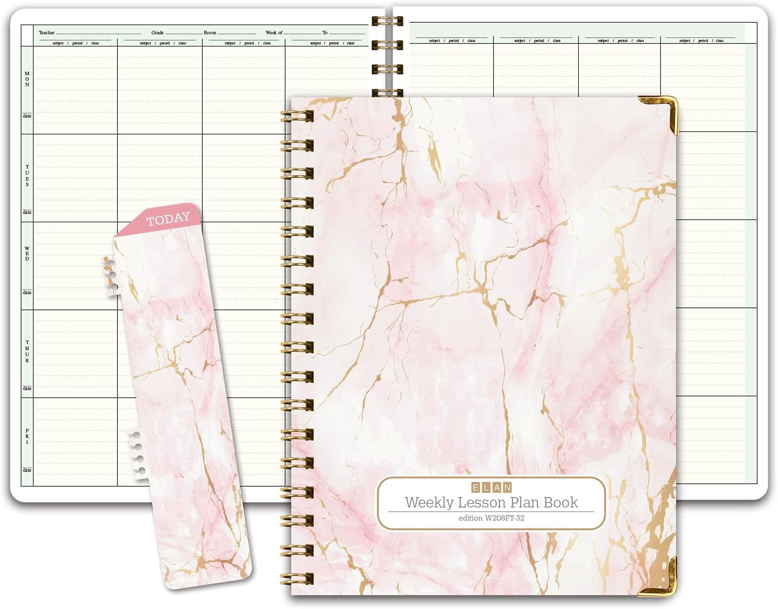 Elan Publishing CompanyHARDCOVER 8 Period Teacher Lesson Plan - Days Vertically Down The Side with Bonus Clip-in Bookmark (Pink Marble)