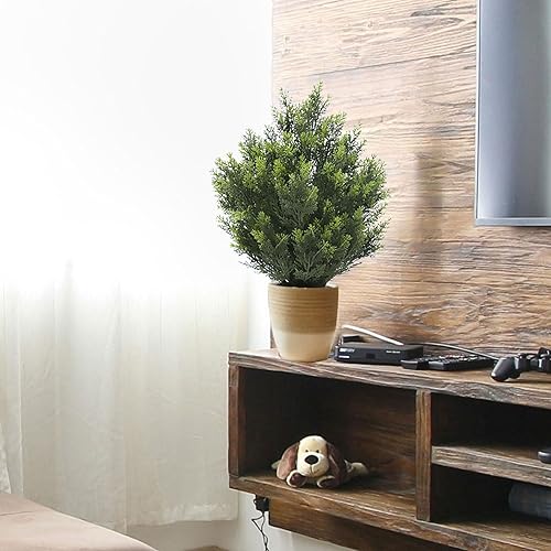 Miniatura 4 de Arbusto artificial de cedro, arbusto sintético, árbol de ciprés artificial topiario, incluye maceta de plástico negro, 2 paquetes de árboles falsos,